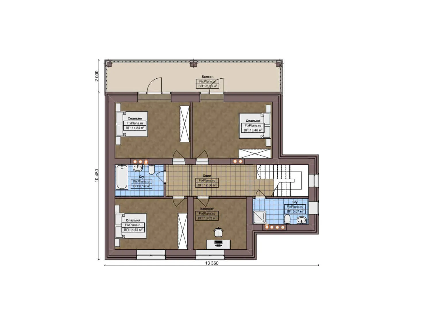 F-6407 - Планы дома с мансардой 15 на 16, площадью 260 м² с террасой, балконом, гаражом на 2 машины и 5 спальнями