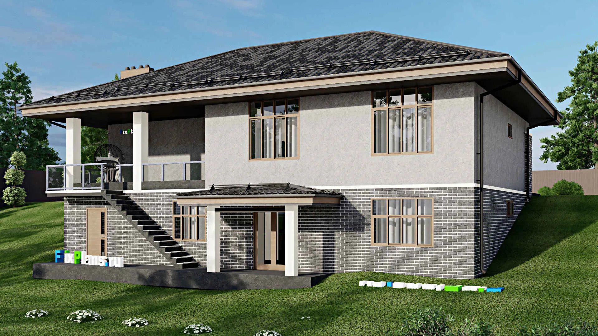 F-3122 - План одноэтажного дома 12 на 17, площадью 330 м² с террасой, цокольным этажом, баней, гаражом на 1 машину и 3 спальнями