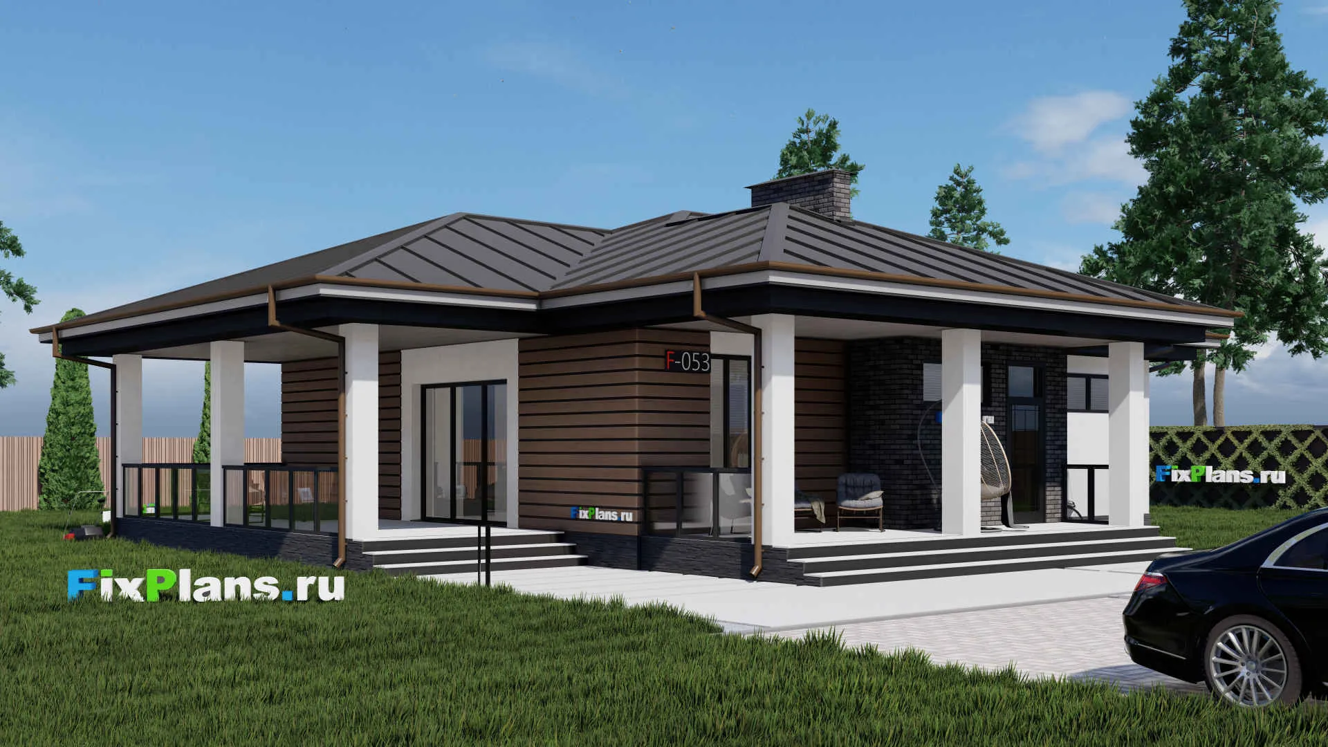 F-0053 - Проект одноэтажного дома 16 на 17, площадью 180 м² с террасой и 5 спальнями