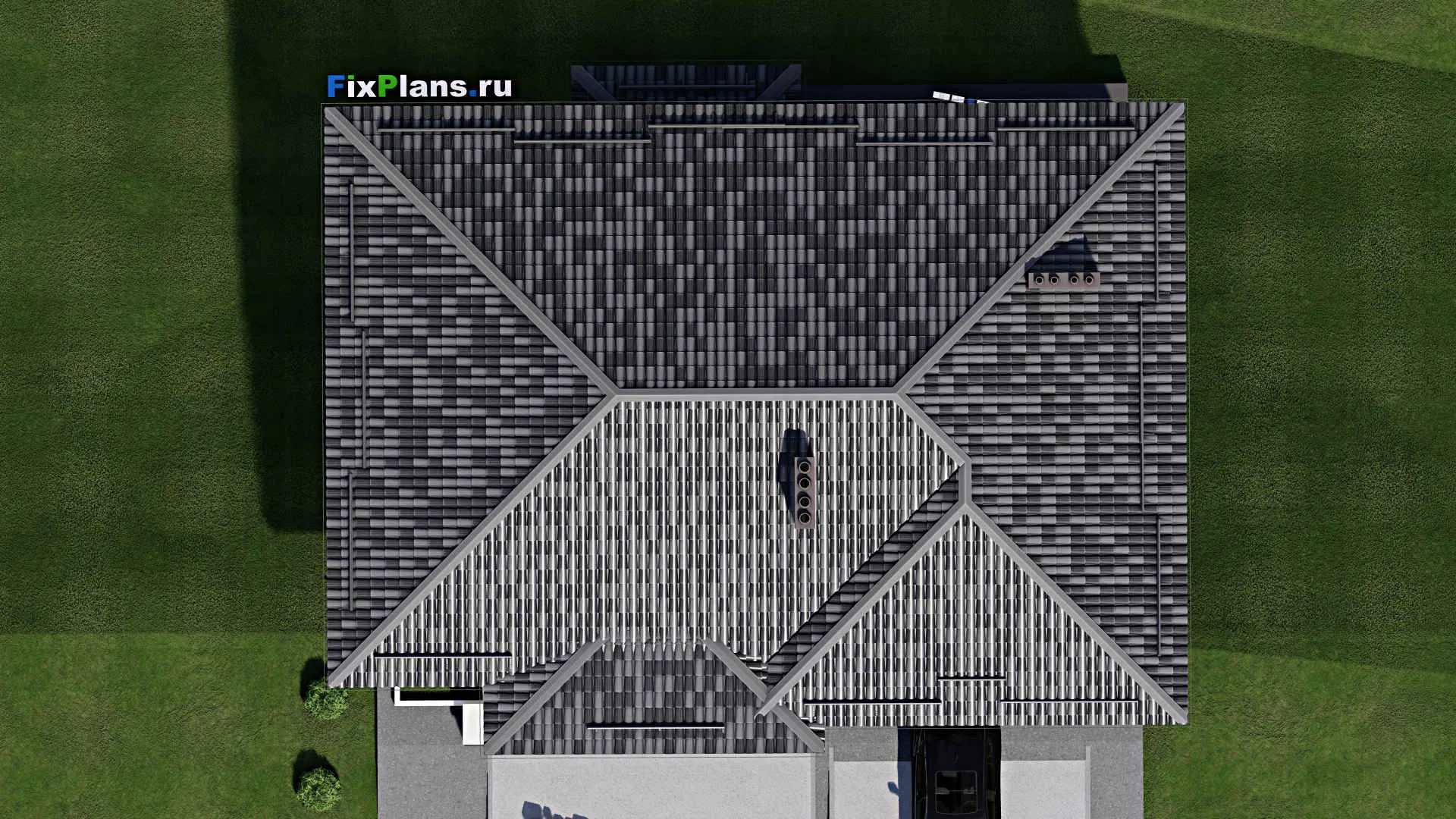 F-3122 - План одноэтажного дома 12 на 17, площадью 330 м² с террасой, цокольным этажом, баней, гаражом на 1 машину и 3 спальнями