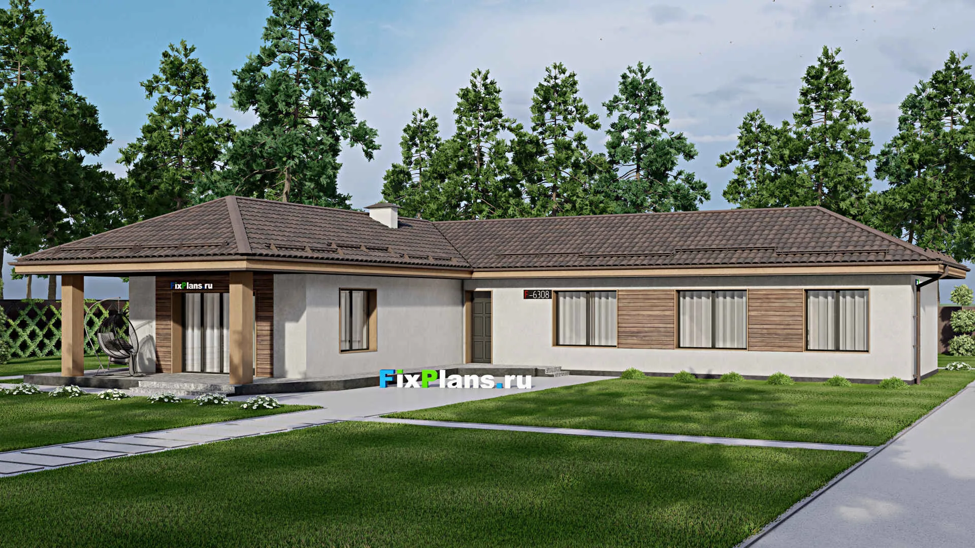 F-6308 - Проект одноэтажного дома 15 на 21, площадью 190 м² с террасой и 4 спальнями