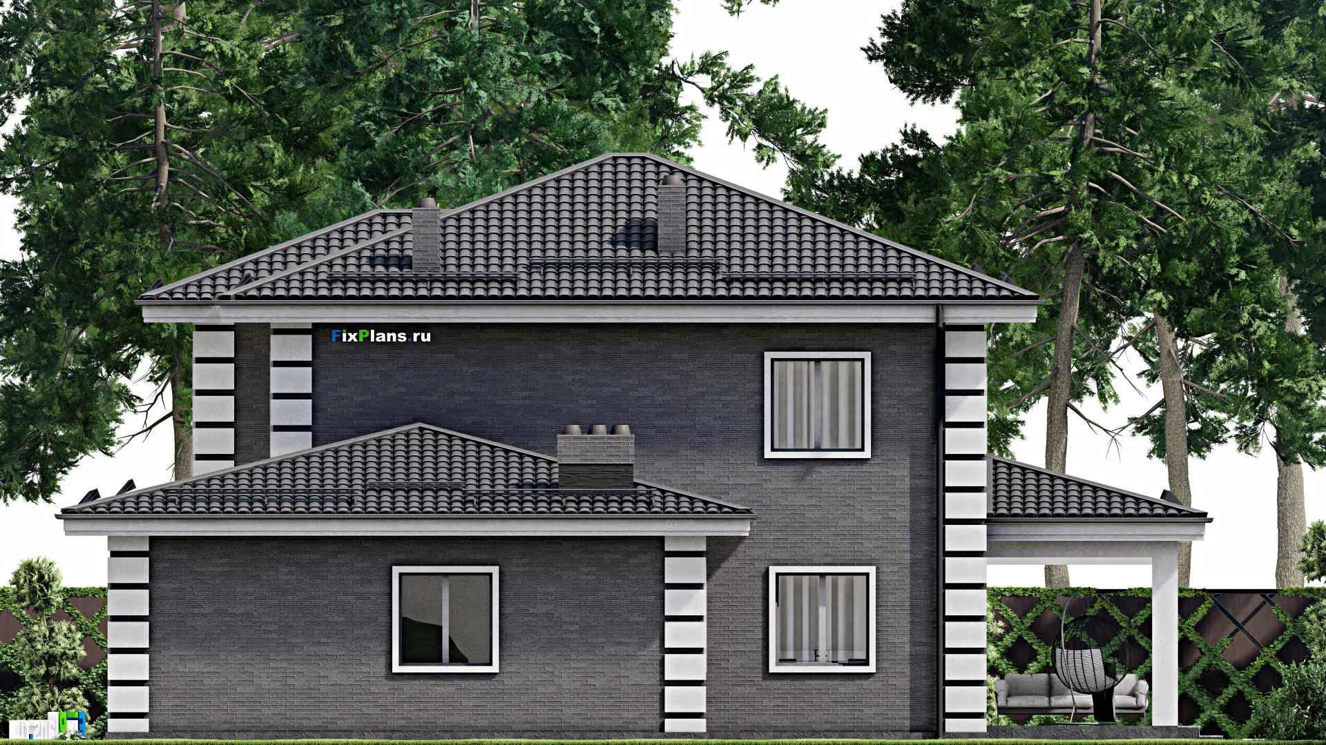 F-3887 - Проект двухэтажного дома 14 на 17, площадью 240 м² с террасой, гаражом на 1 машину и 4 спальнями