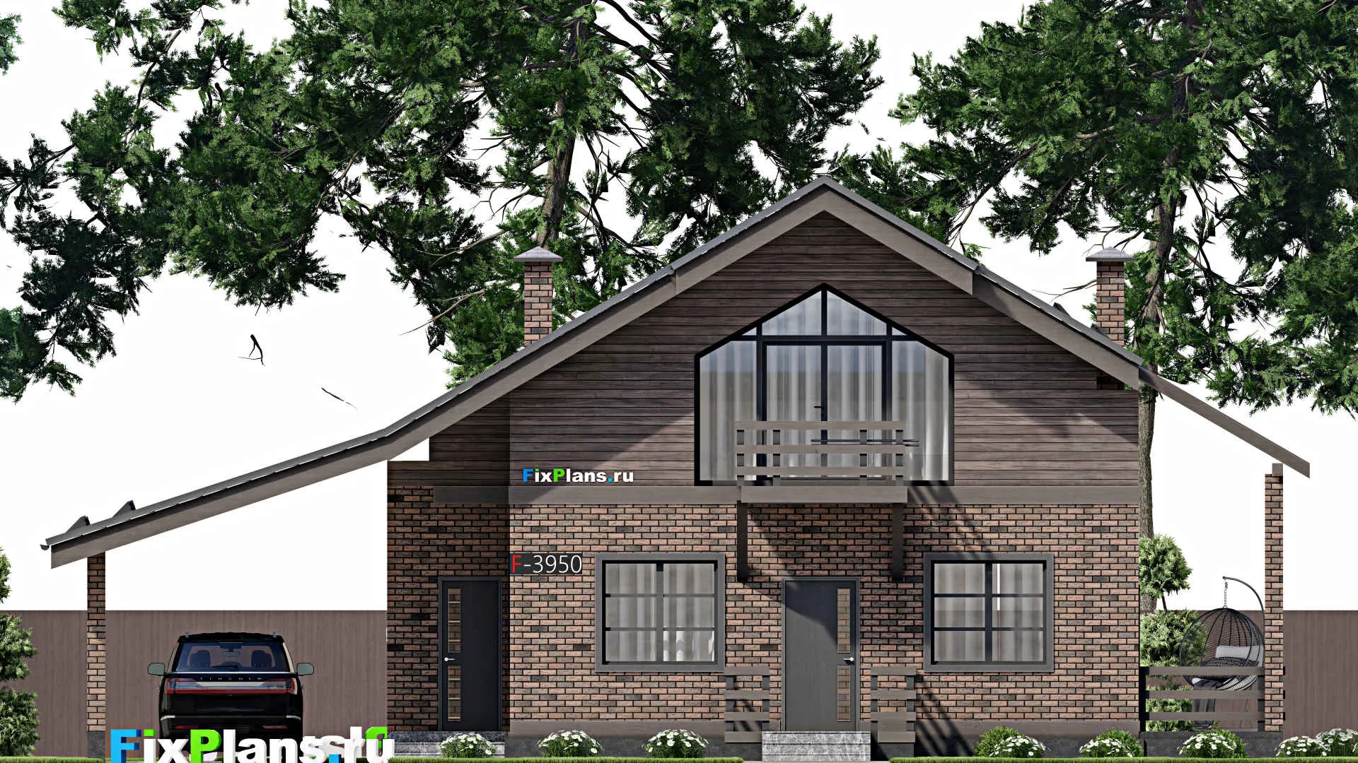 F-3950 - Планы дома с мансардой 10 на 11, площадью 140 м² с террасой, балконом, навесом для машины и 3 спальнями