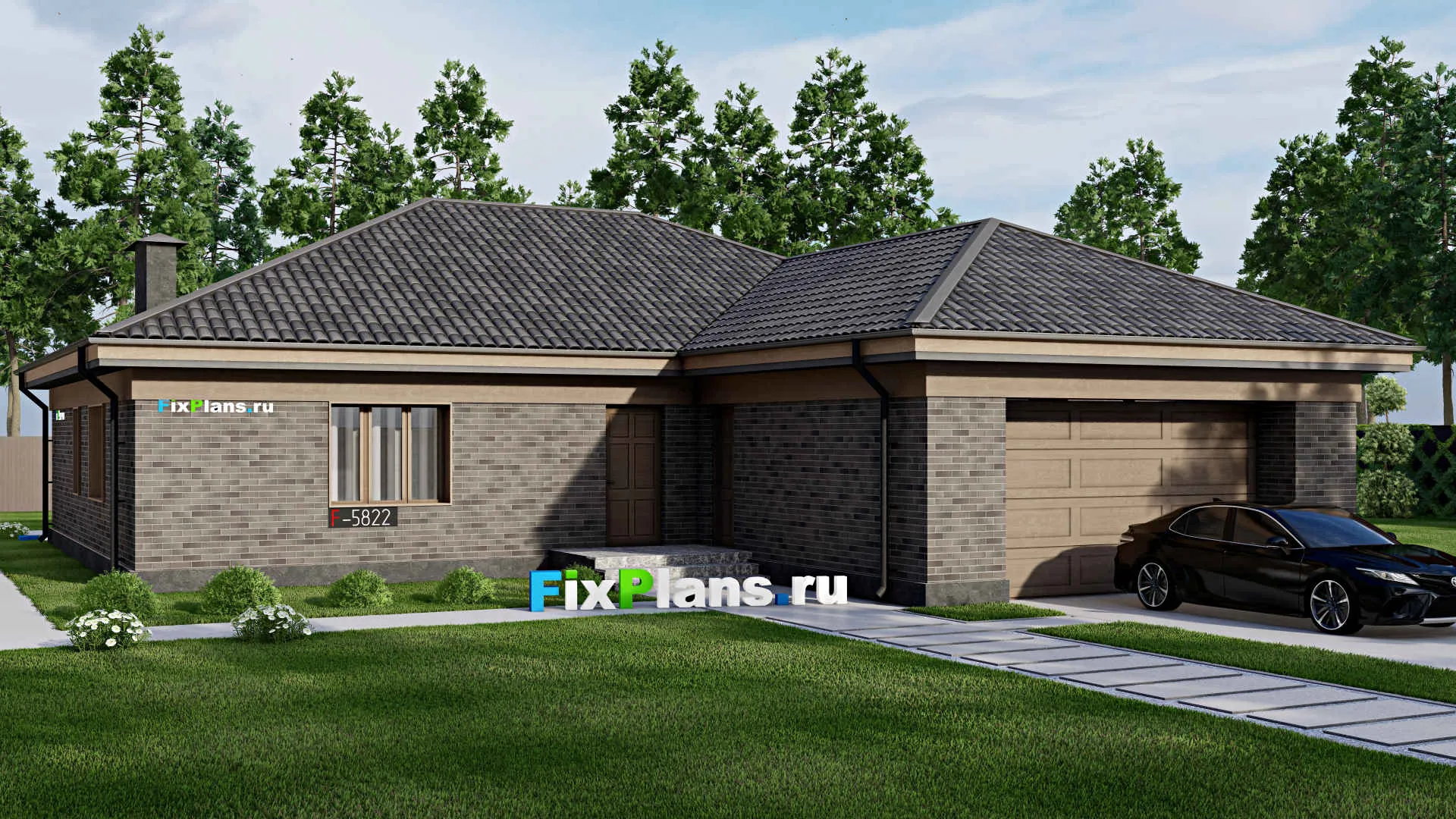 F-5822 - Проект одноэтажного дома 16 на 18, площадью 190 м² с гаражом на 2 машины и 3 спальнями