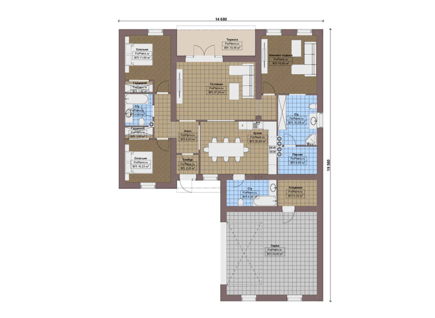 F-16757 - План одноэтажного дома 15 на 20, площадью 190 м² с террасой, баней, гаражом на 2 машины и 2 спальнями