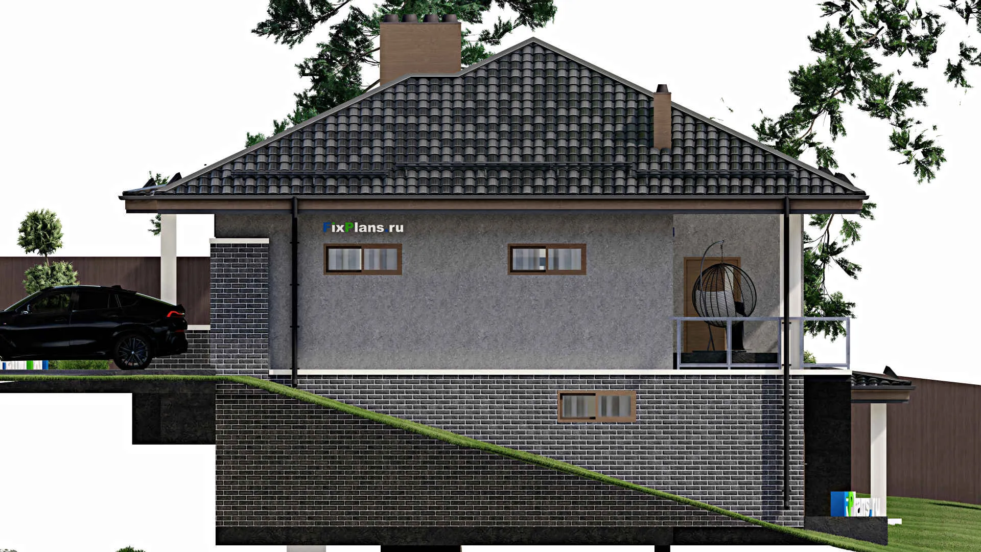 F-3122 - План одноэтажного дома 12 на 17, площадью 330 м² с террасой, цокольным этажом, баней, гаражом на 1 машину и 3 спальнями