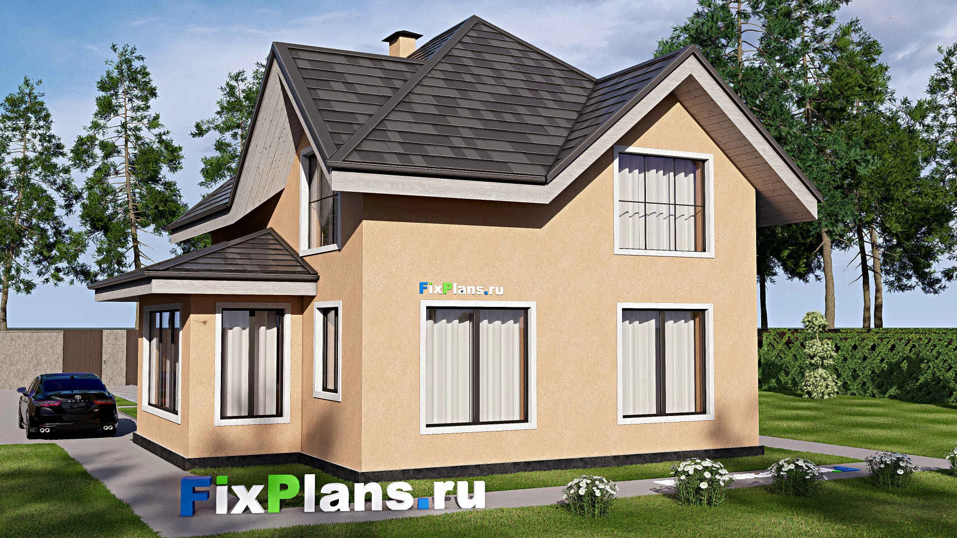 F-17324 - Планы дома с мансардой 11 на 14, площадью 140 м² с террасой и 4 спальнями