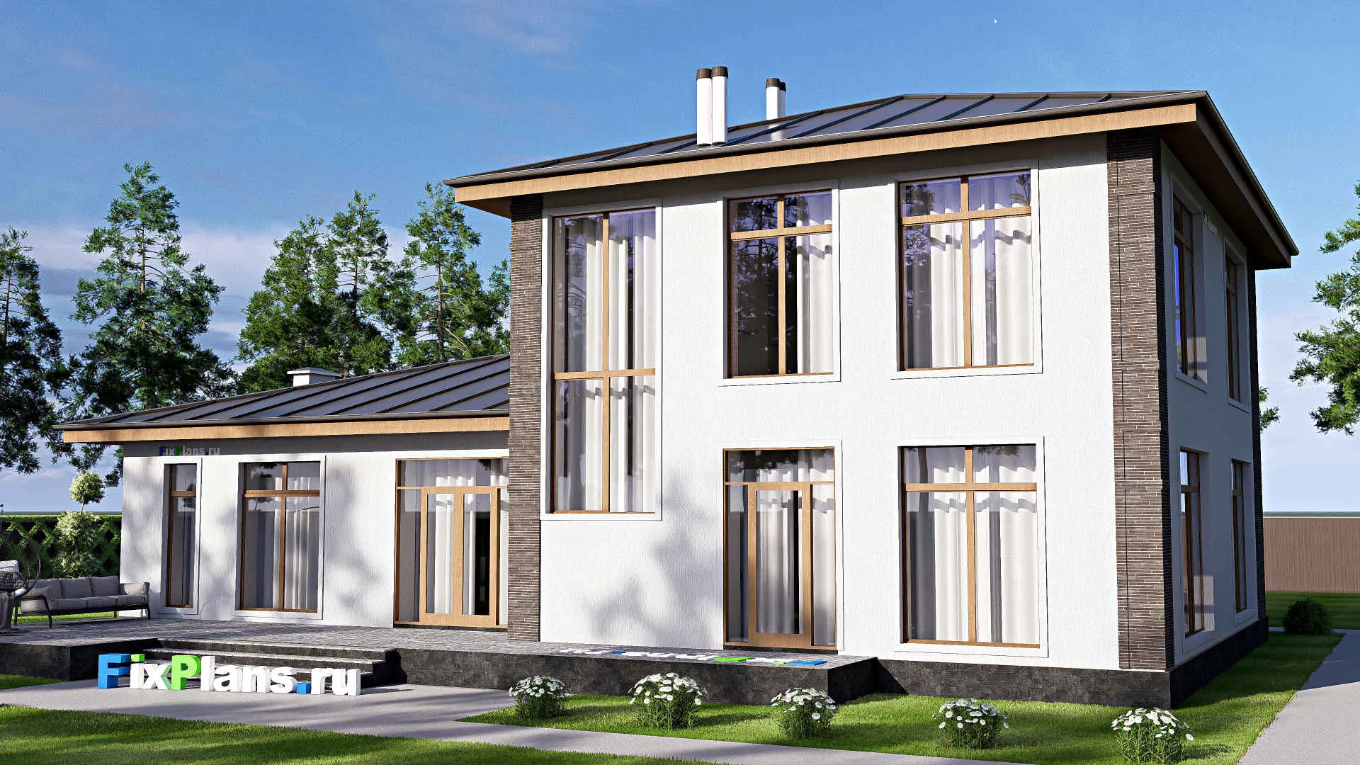 F-19772 - Планы двухэтажного дома 16 на 20, площадью 290 м² с террасой и 3 спальнями