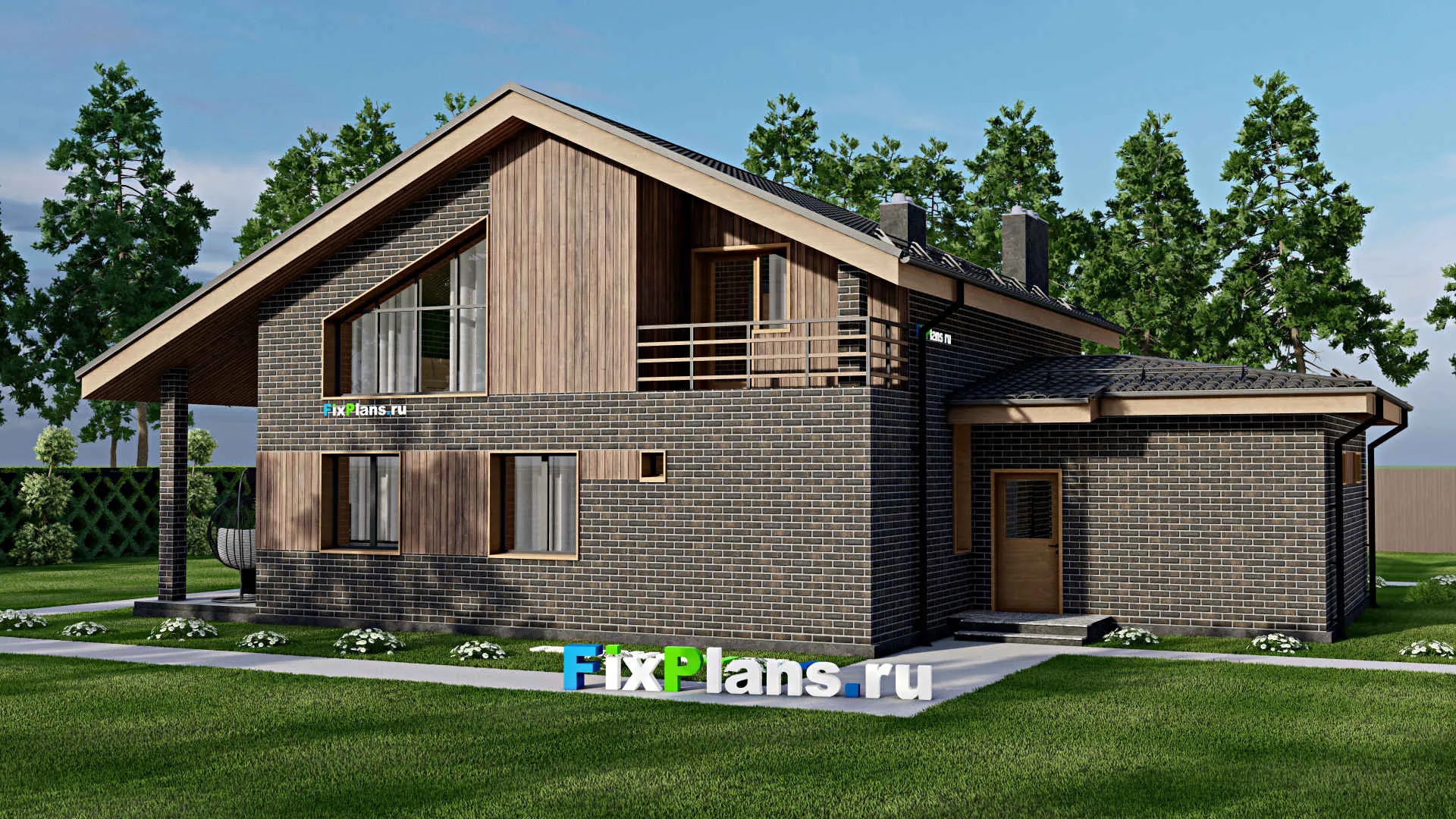 F-4625 - Проект дома с мансардой 13 на 18, площадью 230 м² с террасой, балконом, баней, гаражом на 1 машину и 3 спальнями