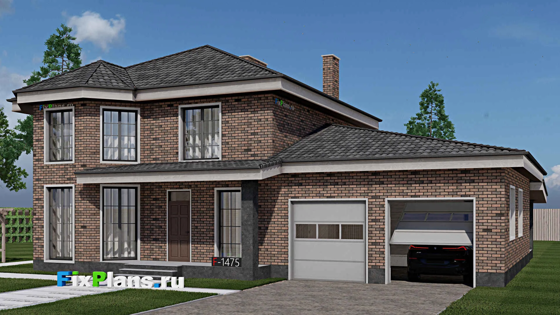 F-1475 - Проект двухэтажного дома 12 на 17, площадью 280 м² с террасой, гаражом на 2 машины и 3 спальнями