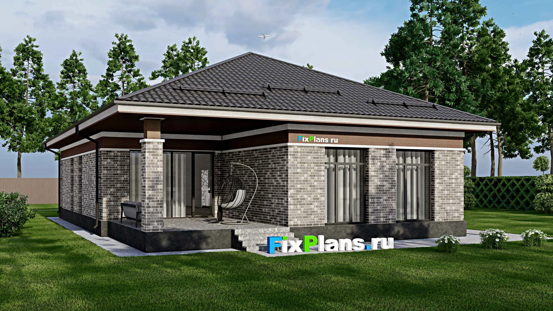 F-2042 - Проект одноэтажного дома 13 на 23, площадью 210 м² с террасой и 3 спальнями