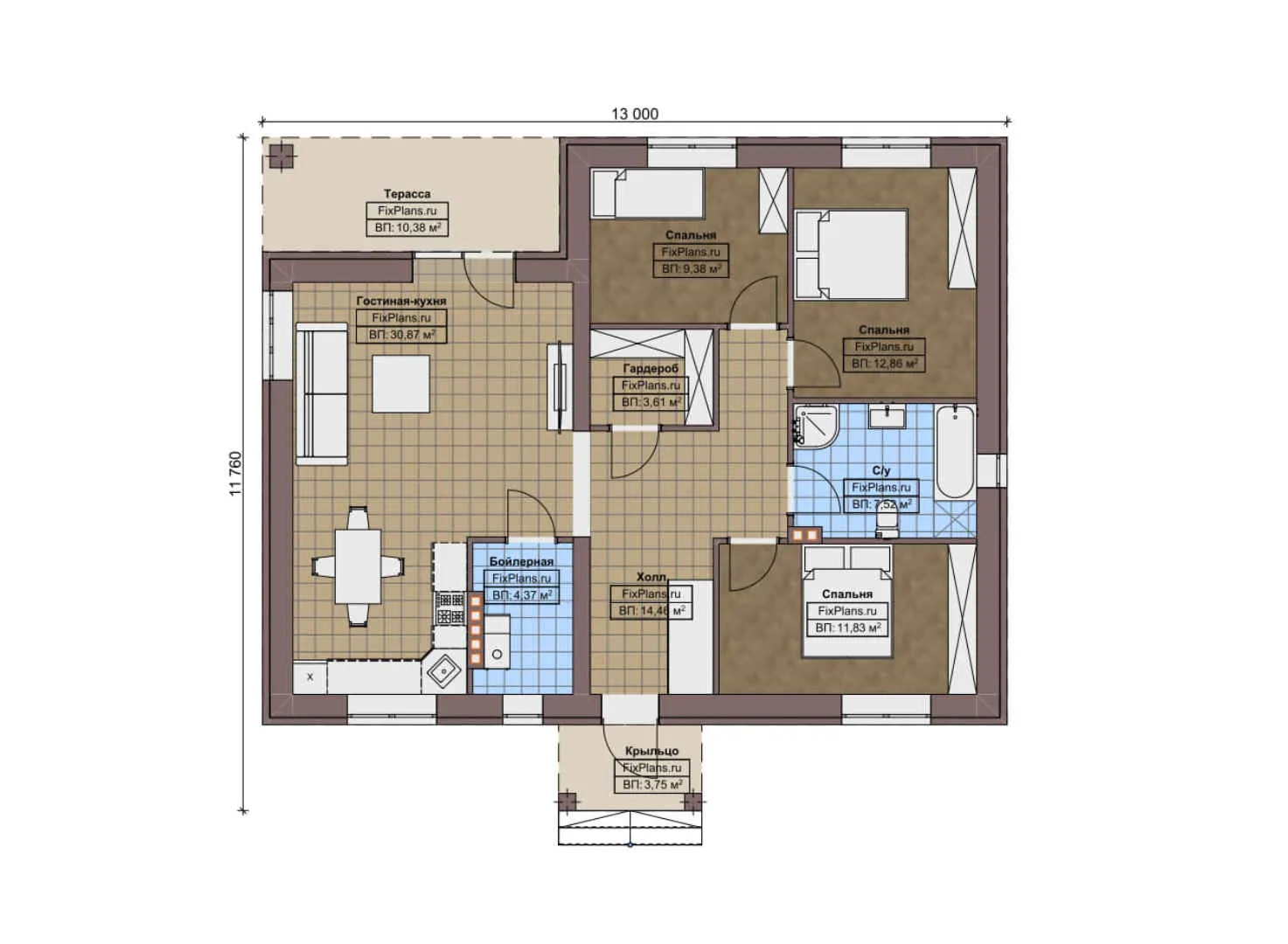 F-9215 - План одноэтажного дома 12 на 13, площадью 110 м² с террасой и 3 спальнями