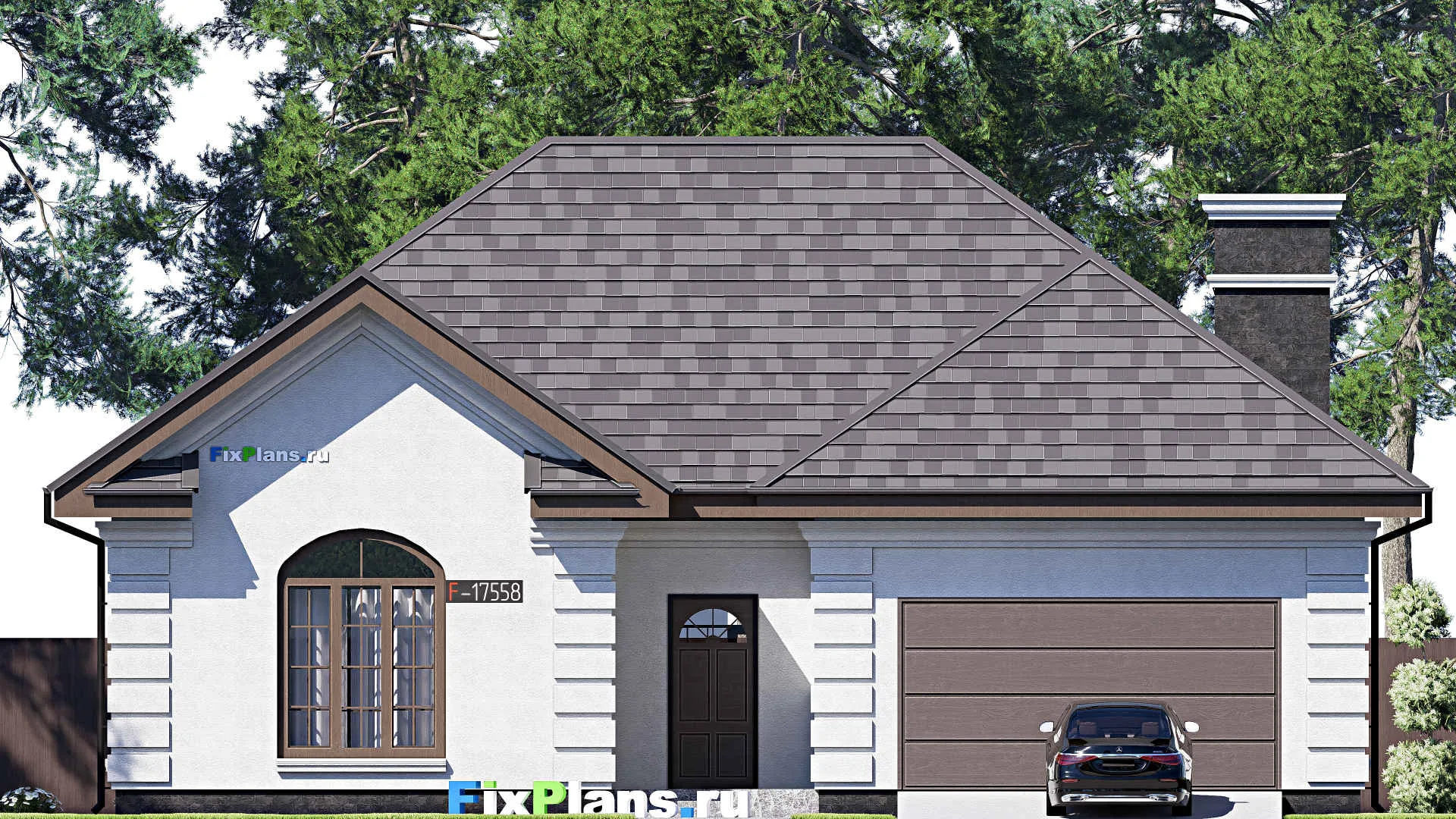 F-17558 - Проект одноэтажного дома 17 на 21, площадью 280 м² с террасой, гаражом на 2 машины и 3 спальнями