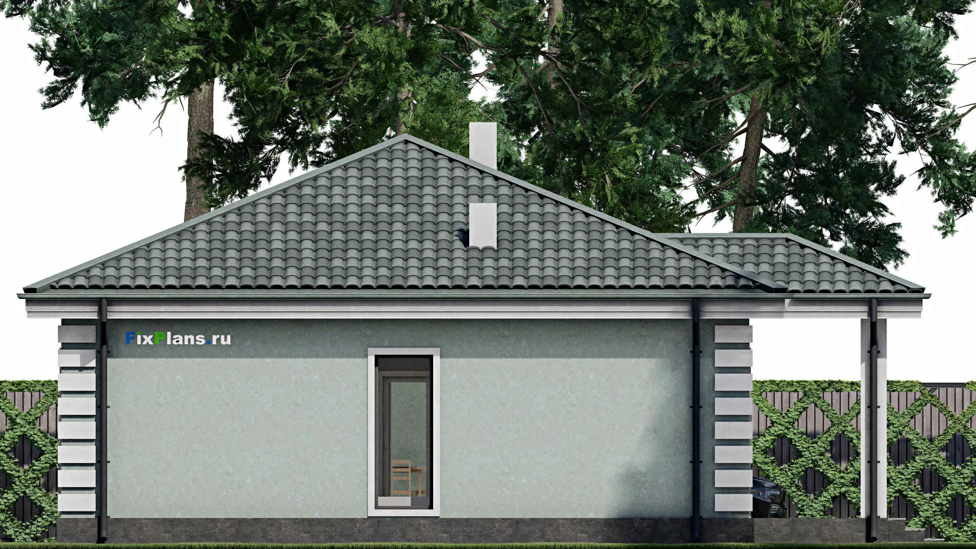 F-1187 - Проект одноэтажного дома 10 на 10, площадью 120 м² с террасой и 3 спальнями