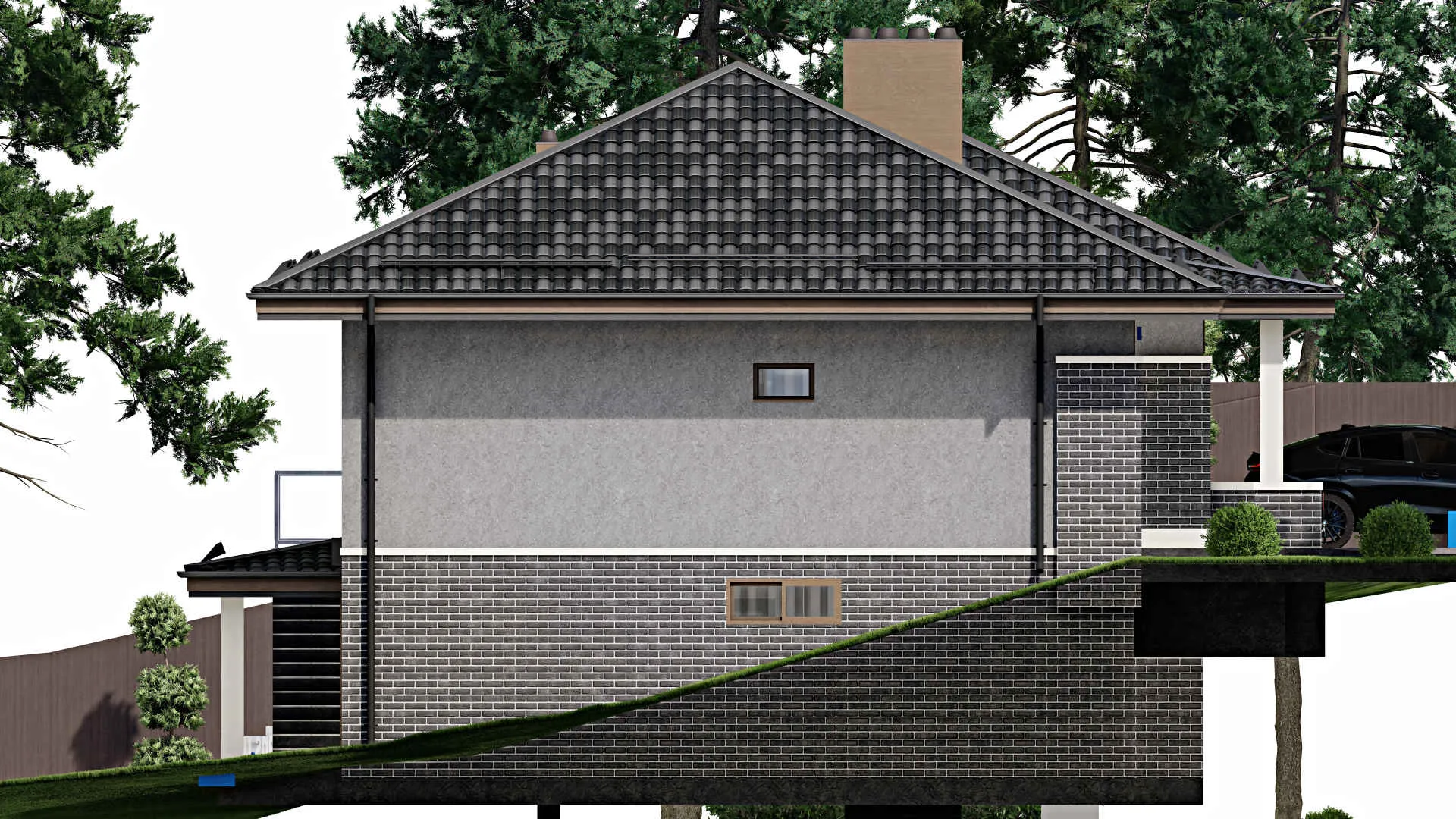 F-3122 - План одноэтажного дома 12 на 17, площадью 330 м² с террасой, цокольным этажом, баней, гаражом на 1 машину и 3 спальнями