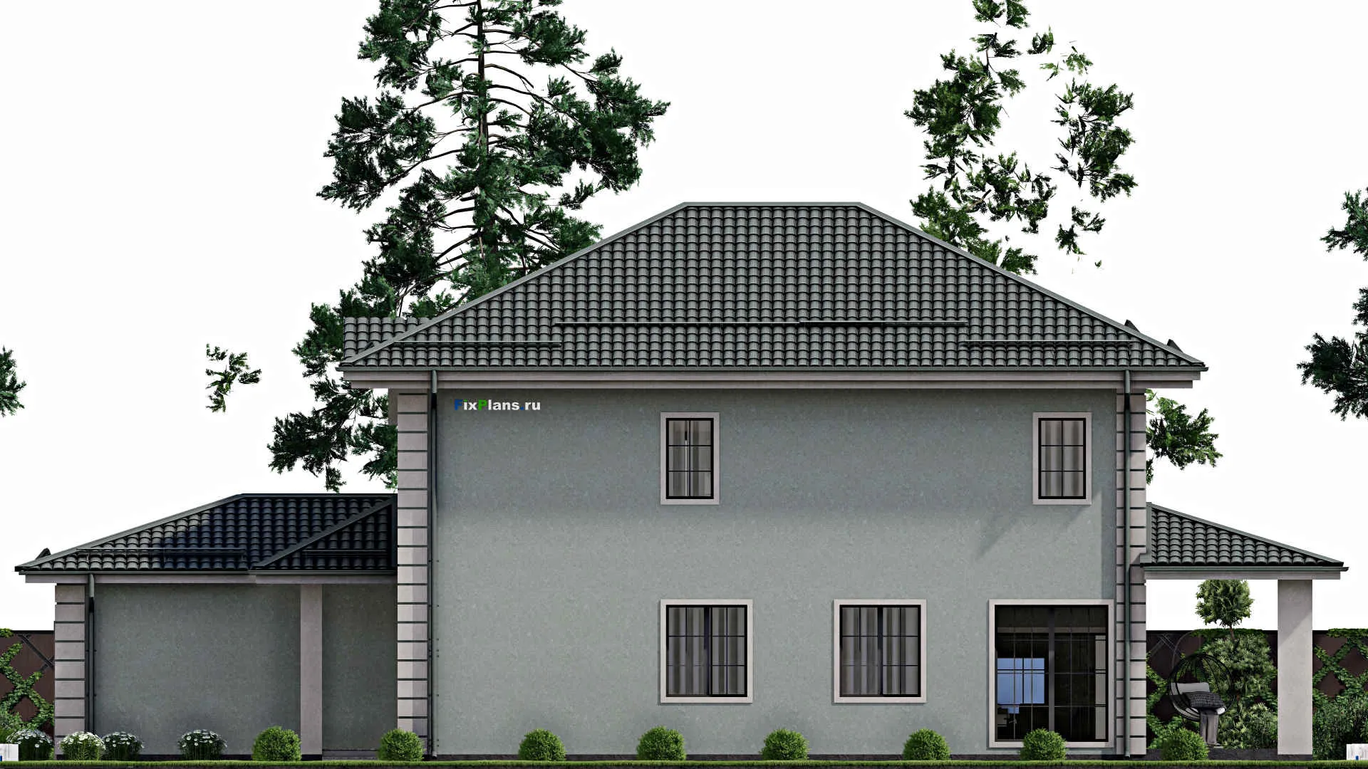 F-2258 - Проект двухэтажного дома 13 на 20, площадью 240 м² с террасой, гаражом на 2 машины и 3 спальнями