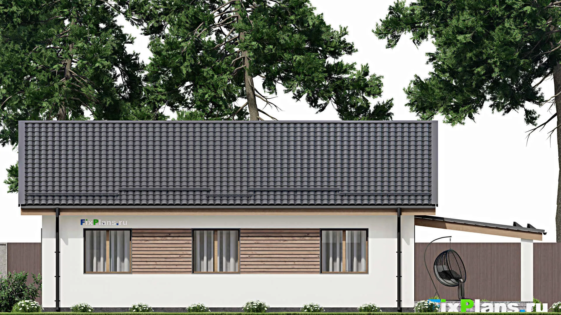 F-4643 - Проект одноэтажного дома 13 на 13, площадью 170 м² с террасой и 3 спальнями