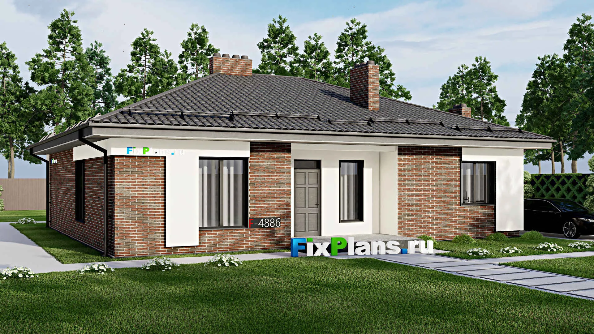 F-4886 - Проект одноэтажного дома 13 на 14, площадью 180 м² с террасой и 4 спальнями