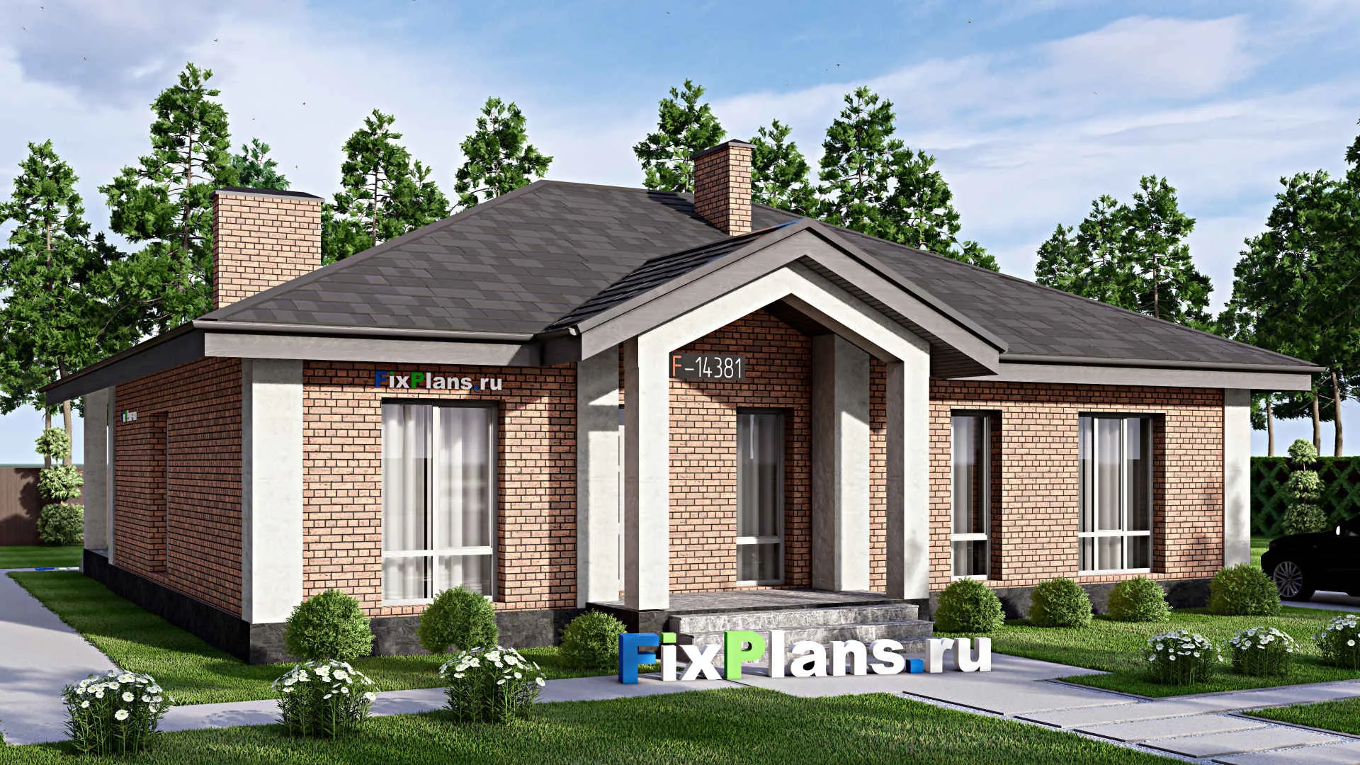F-14381 - Проект одноэтажного дома 16 на 17, площадью 180 м² с террасой и 3 спальнями