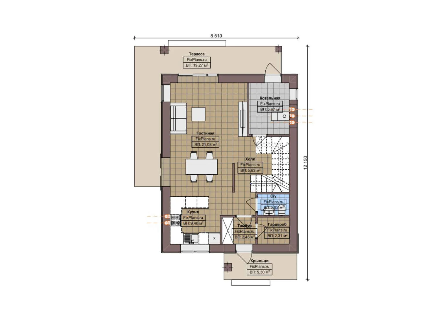 F-7298 - Планы дома с мансардой 9 на 13, площадью 130 м² с террасой, балконом и 3 спальнями