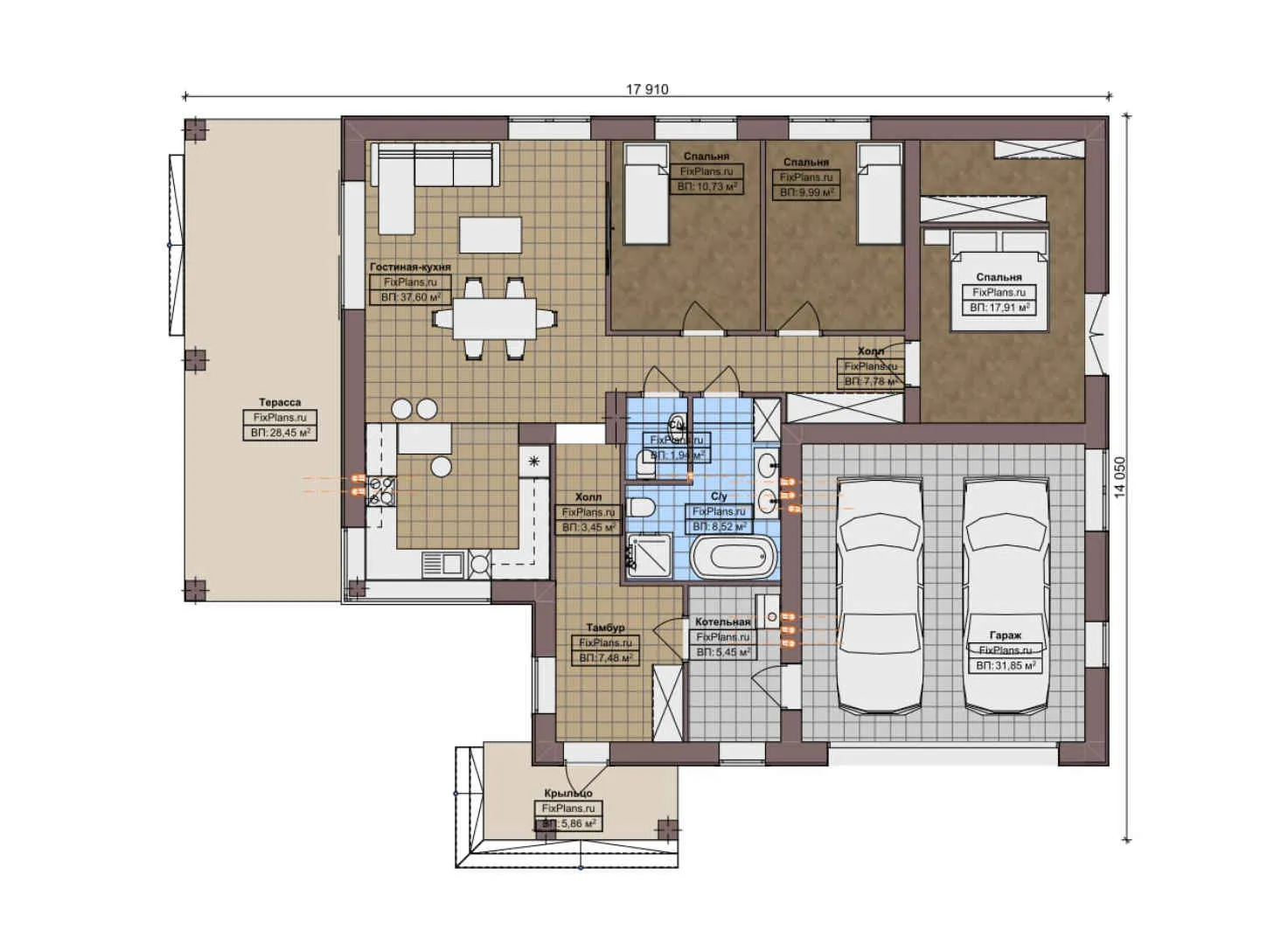 F-9035 - План одноэтажного дома 15 на 18, площадью 180 м² с террасой, гаражом на 1 машину и 3 спальнями