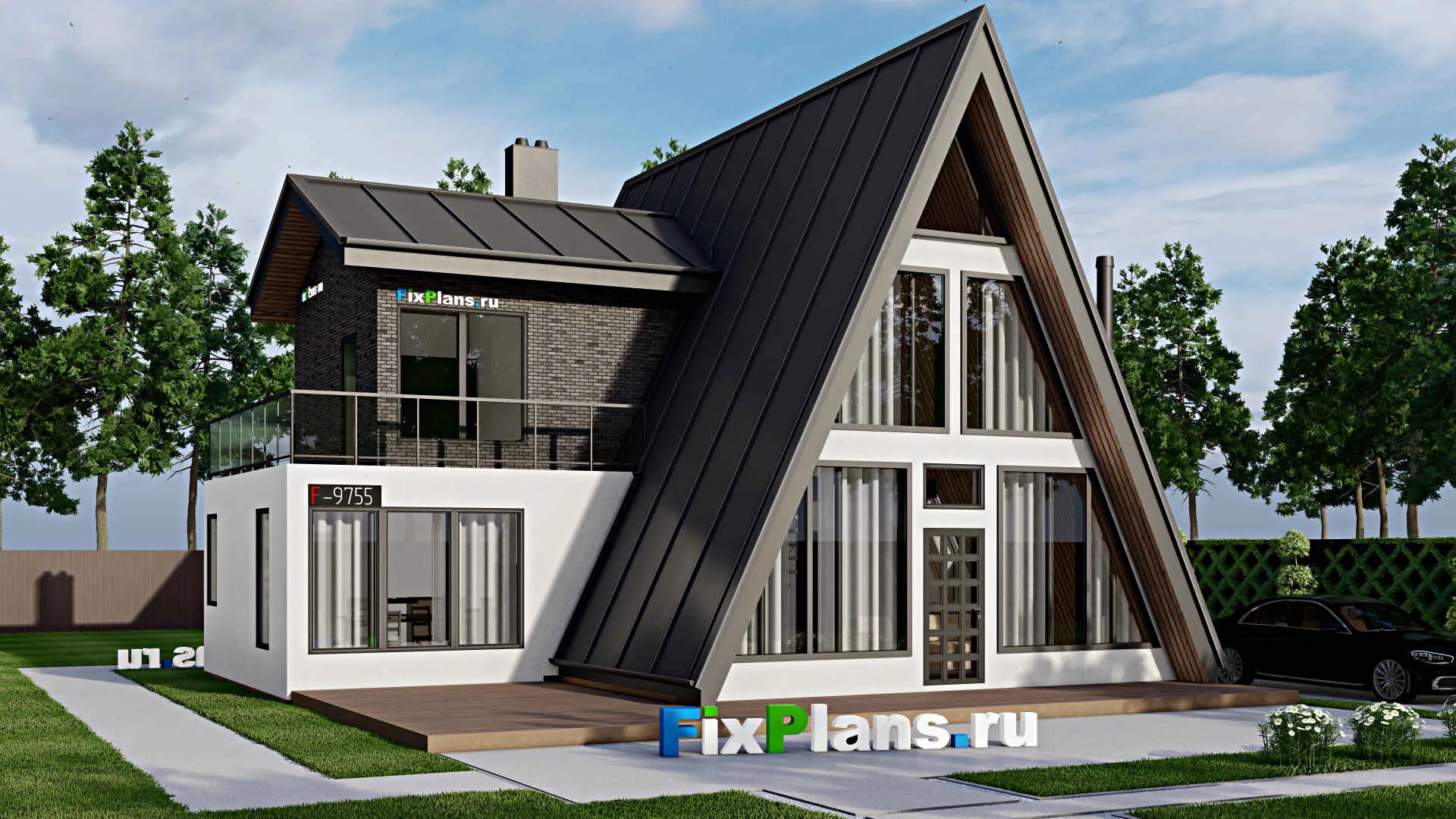 F-9755 - Проект дома с мансардой 13 на 13, площадью 200 м² с террасой, балконом и 3 спальнями