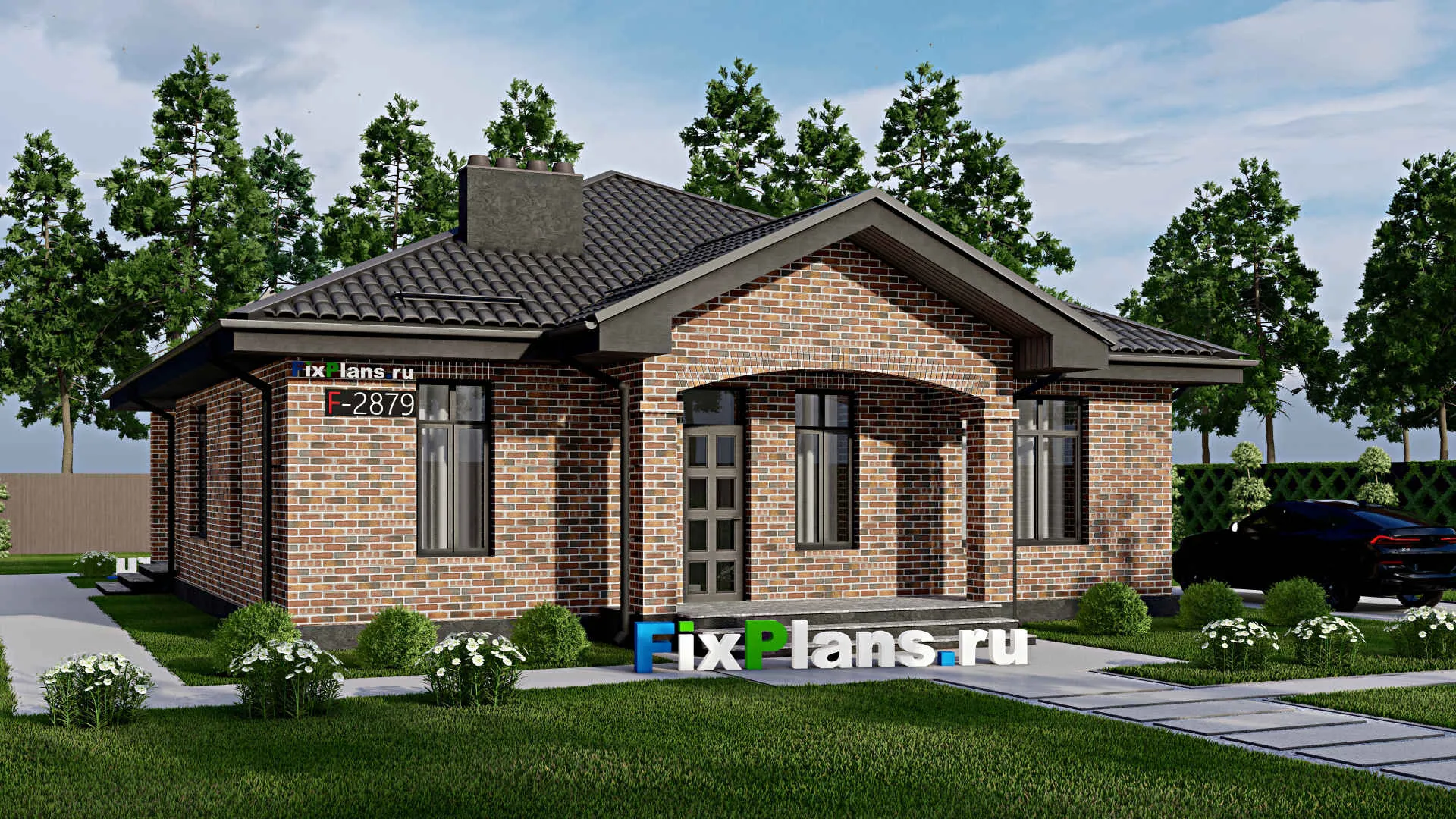 F-2879 - Проект одноэтажного дома 12 на 15, площадью 140 м² с террасой, баней и 2 спальнями