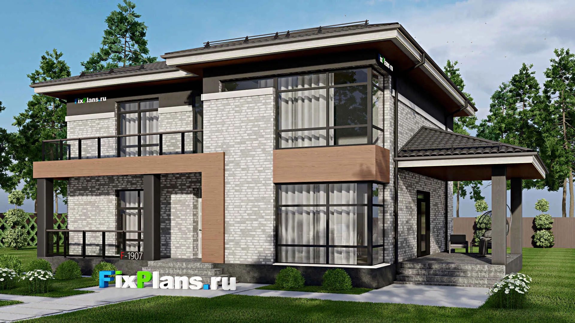 F-1907 - Проект двухэтажного дома 13 на 14, площадью 270 м² с террасой, балконом и 5 спальнями