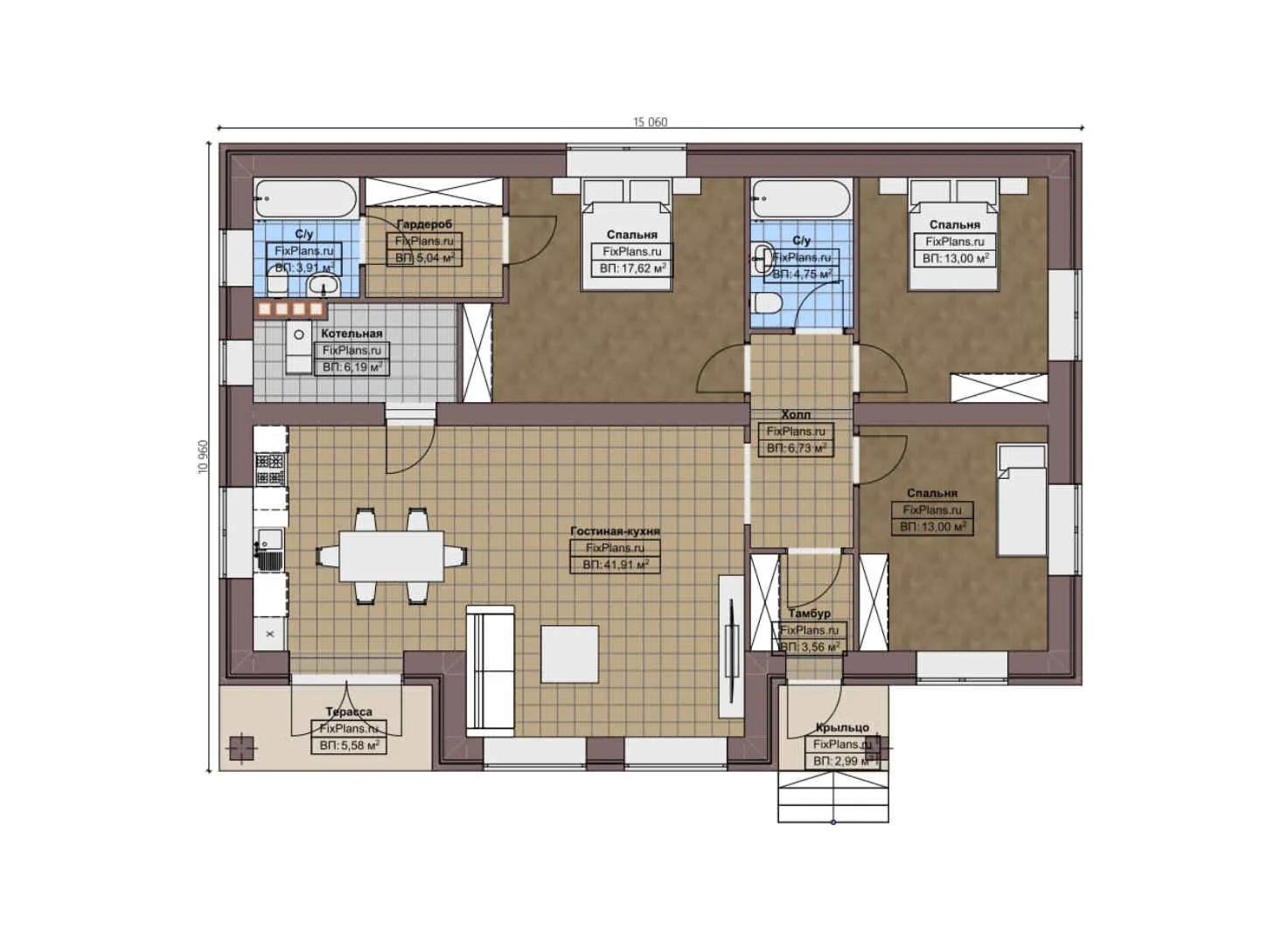 F-3140 - План одноэтажного дома 11 на 16, площадью 130 м² с террасой и 3 спальнями