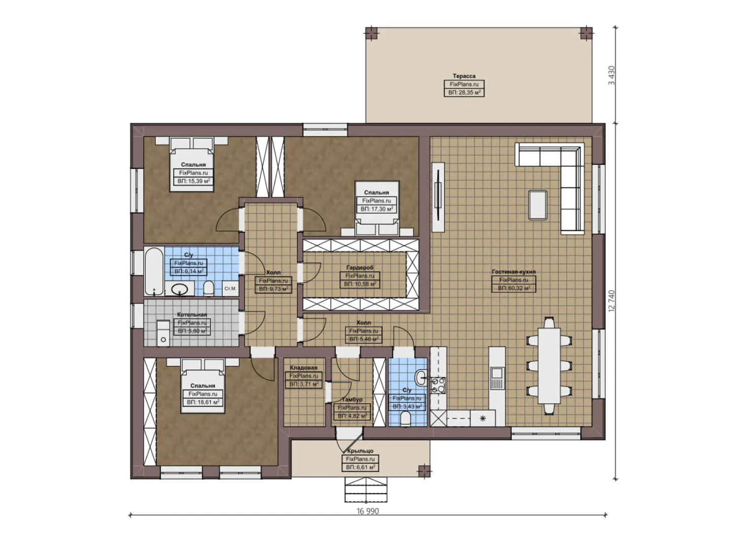F-1979 - План одноэтажного дома 13 на 17, площадью 200 м² с террасой и 3 спальнями