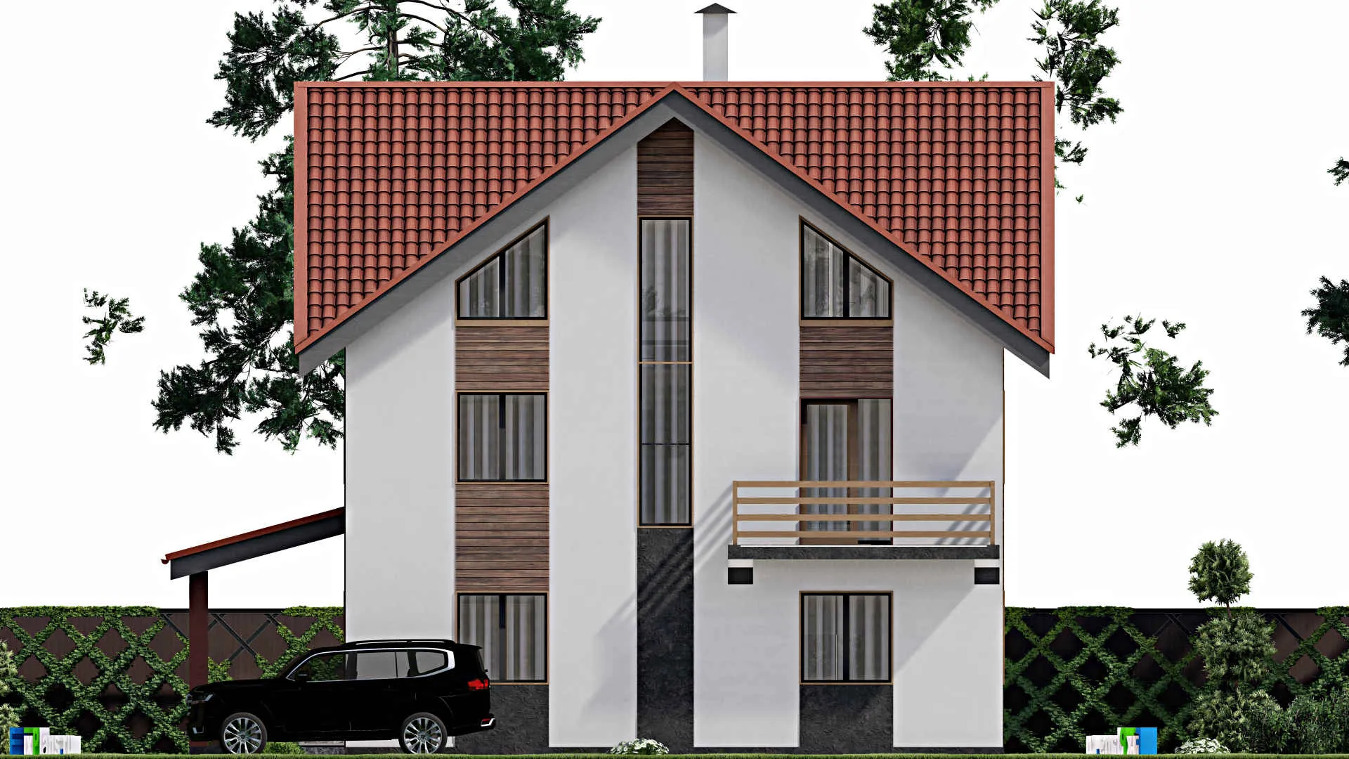 F-7163 - Планы двухэтажного дома с мансардой 12 на 14, площадью 280 м² с террасой, балконом и 4 спальнями