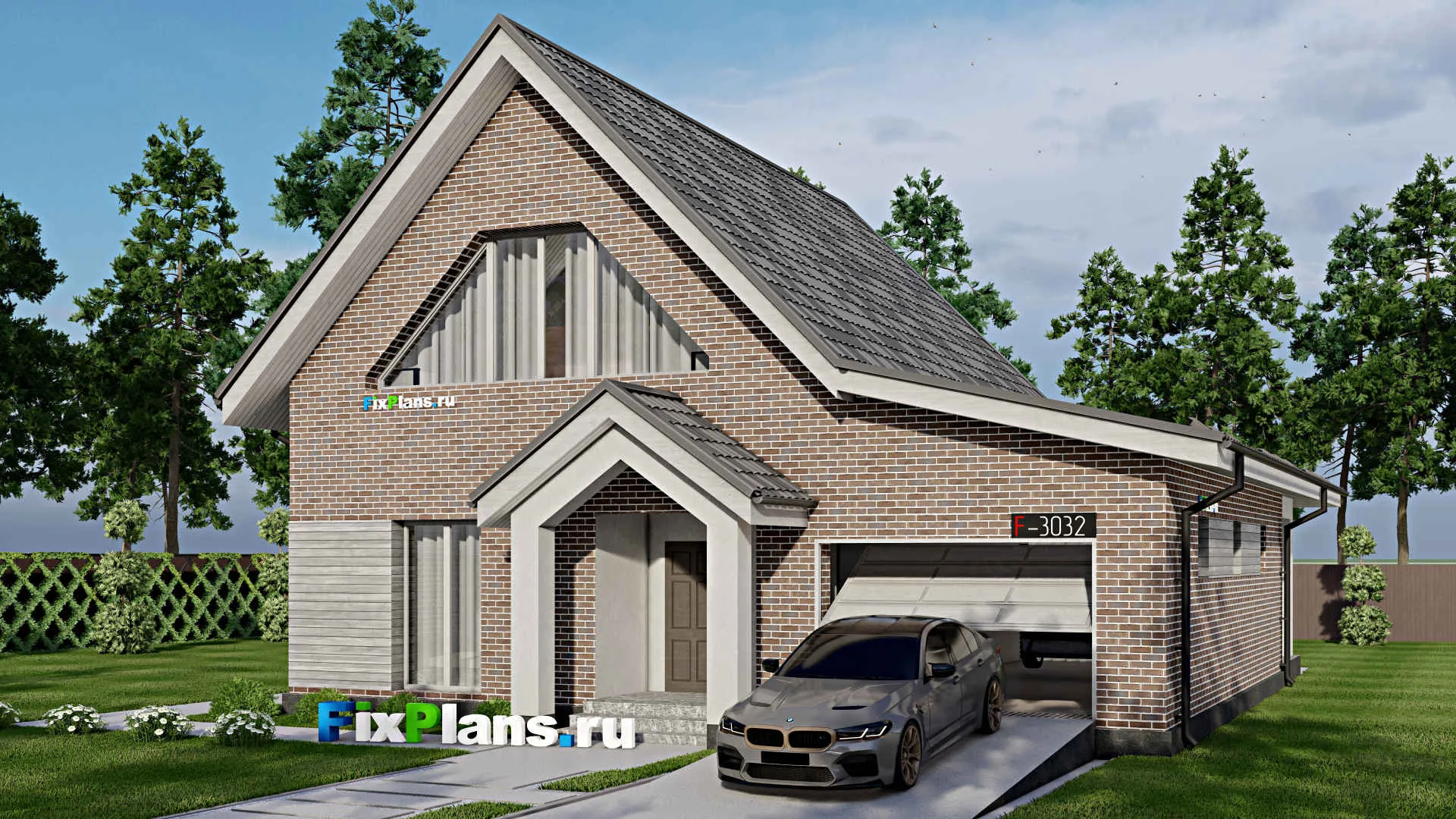 F-3032i - Проект дома с мансардой 13 на 15, площадью 210 м² с террасой, гаражом на 2 машины и 3 спальнями