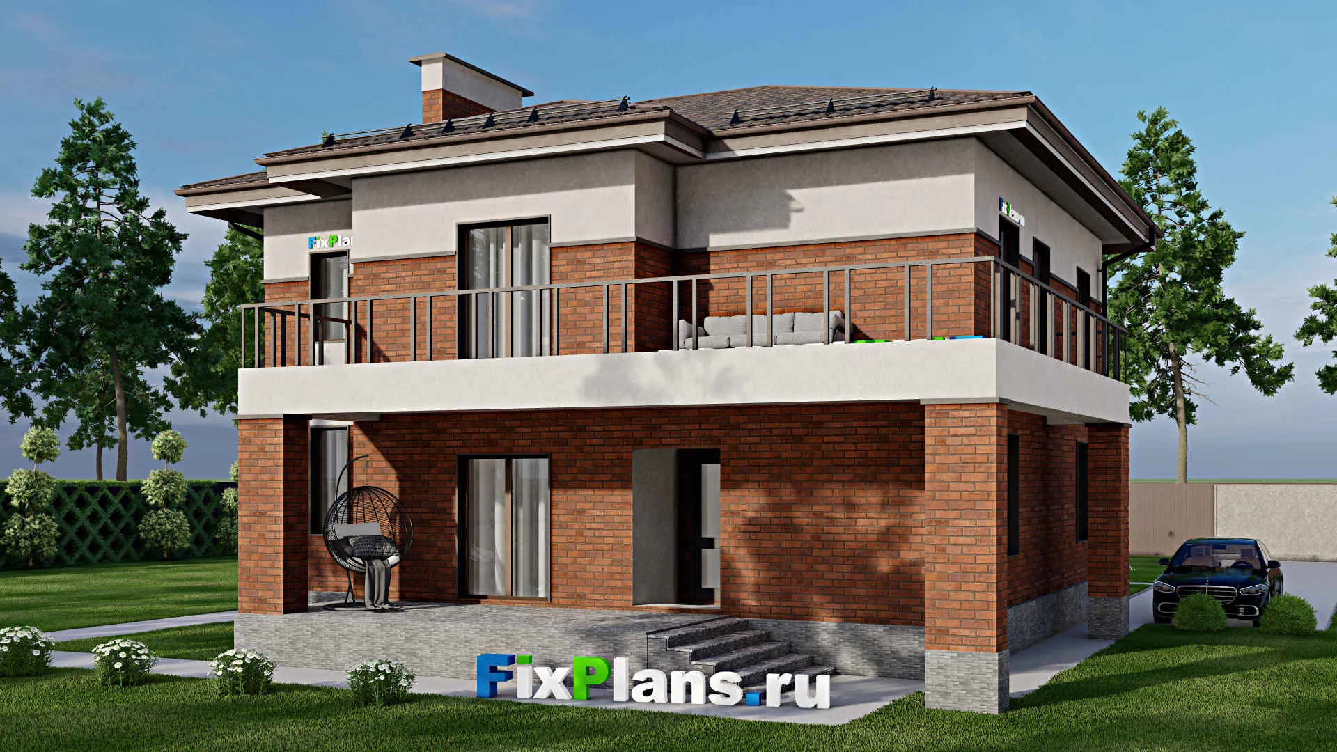 F-7109 - Планы двухэтажного дома 14 на 16, площадью 270 м² с террасой, балконом и 6 спальнями