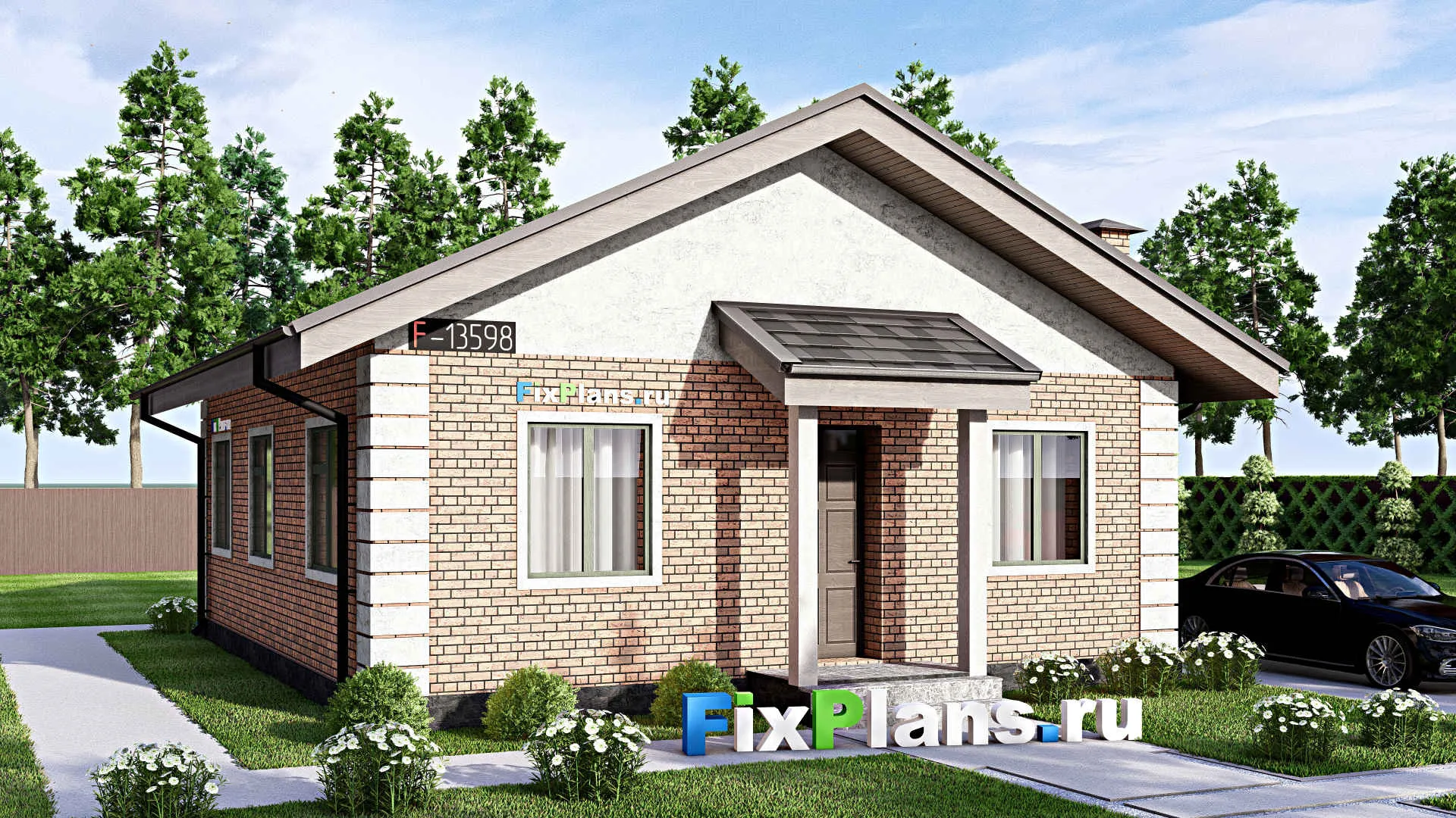 F-13598 - Проект одноэтажного дома 10 на 12, площадью 80 м² с террасой и 3 спальнями