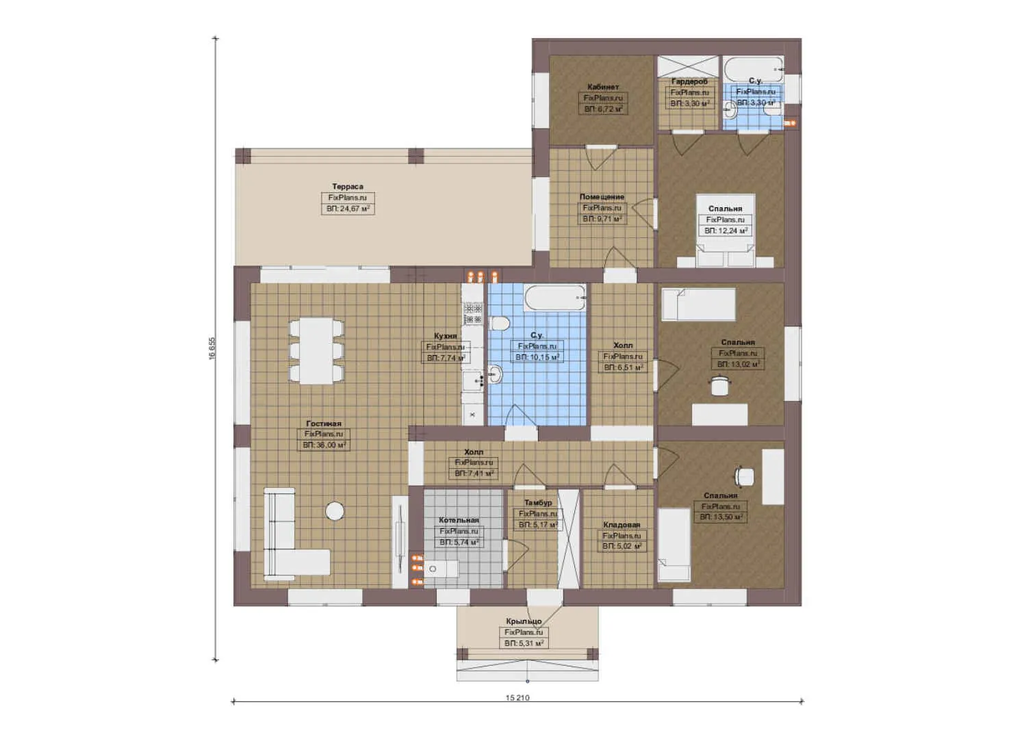 F-20141 - План одноэтажного дома 16 на 17, площадью 180 м² с террасой и 3 спальнями