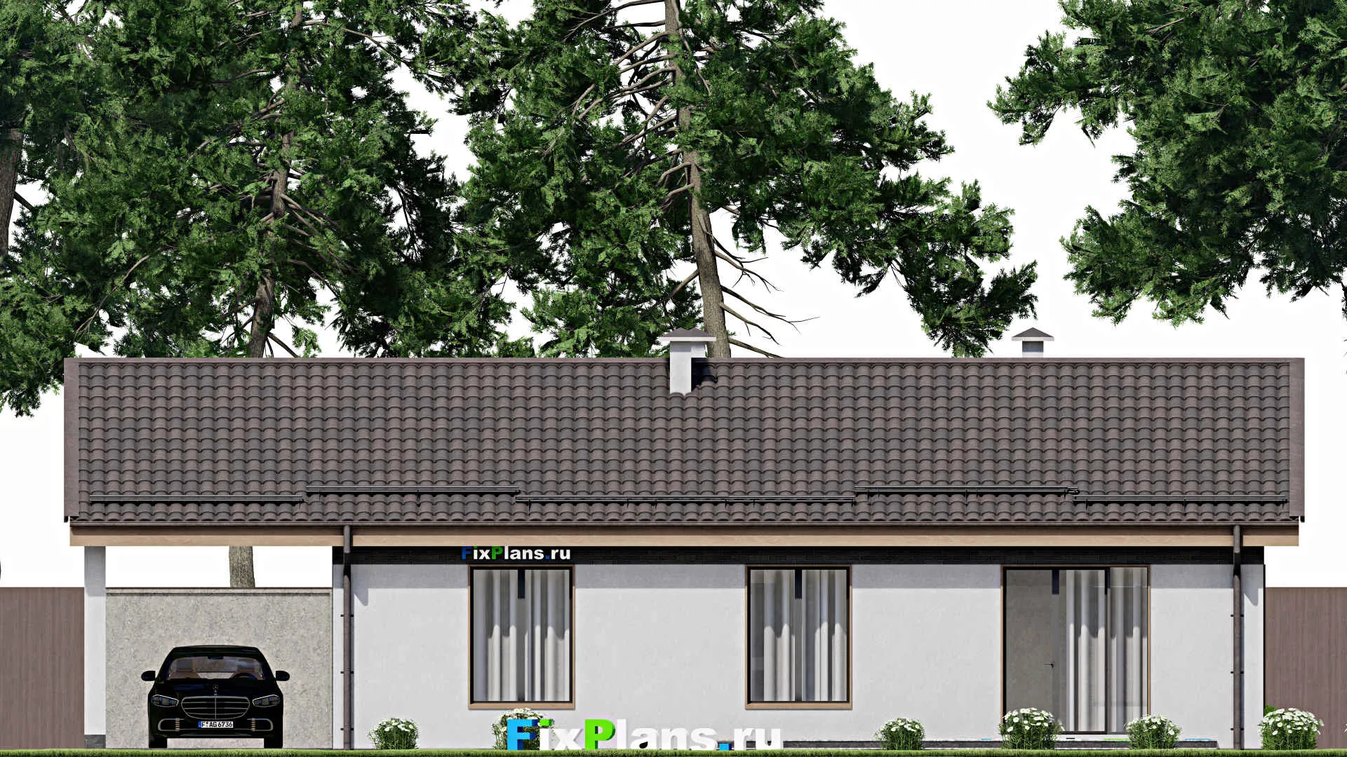 F-6686 - Проект одноэтажного дома 9 на 14, площадью 140 м² с террасой и 2 спальнями