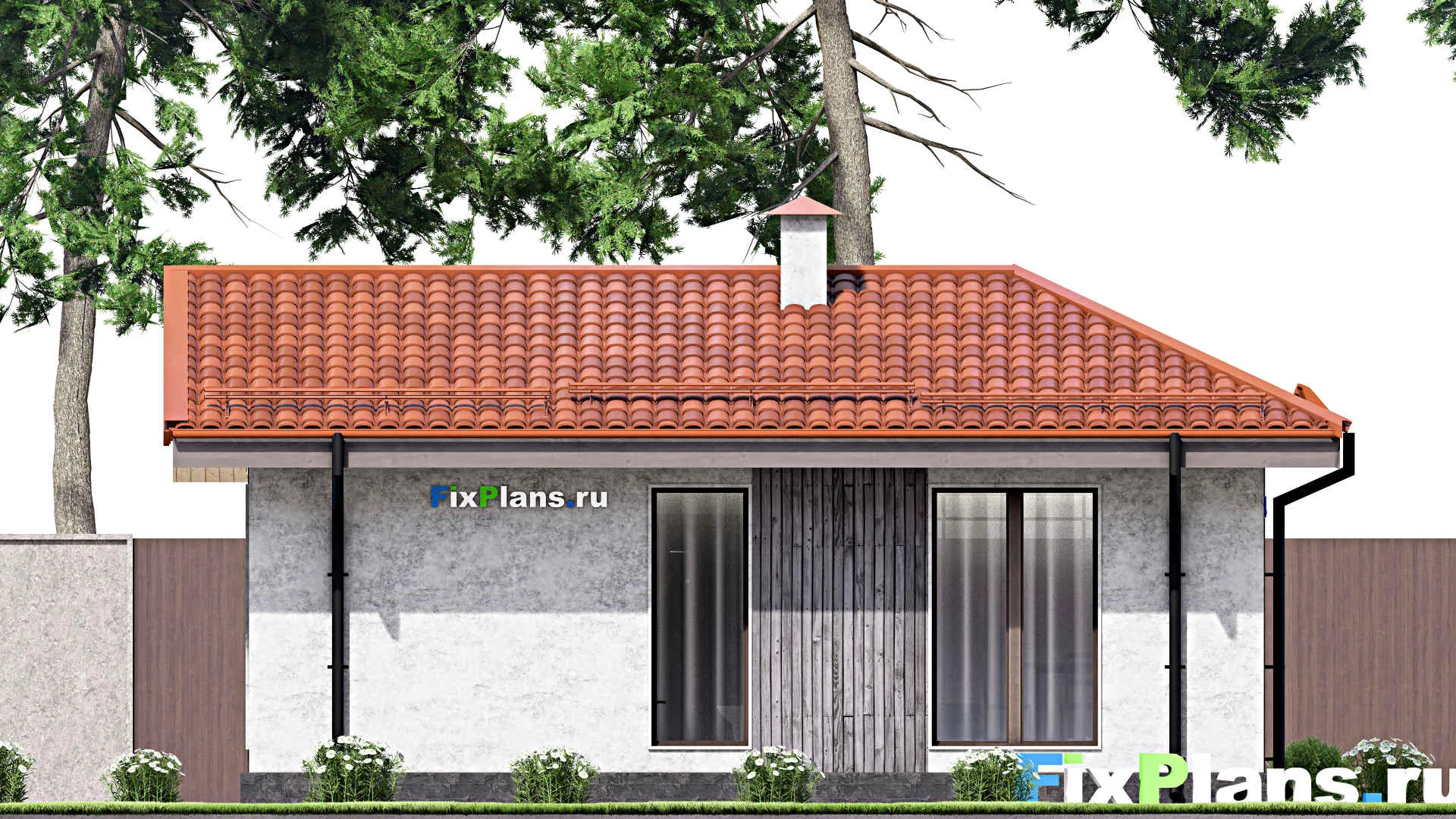 F-12959 - Проект одноэтажного дома 9 на 9, площадью 60 м² с террасой и 2 спальнями