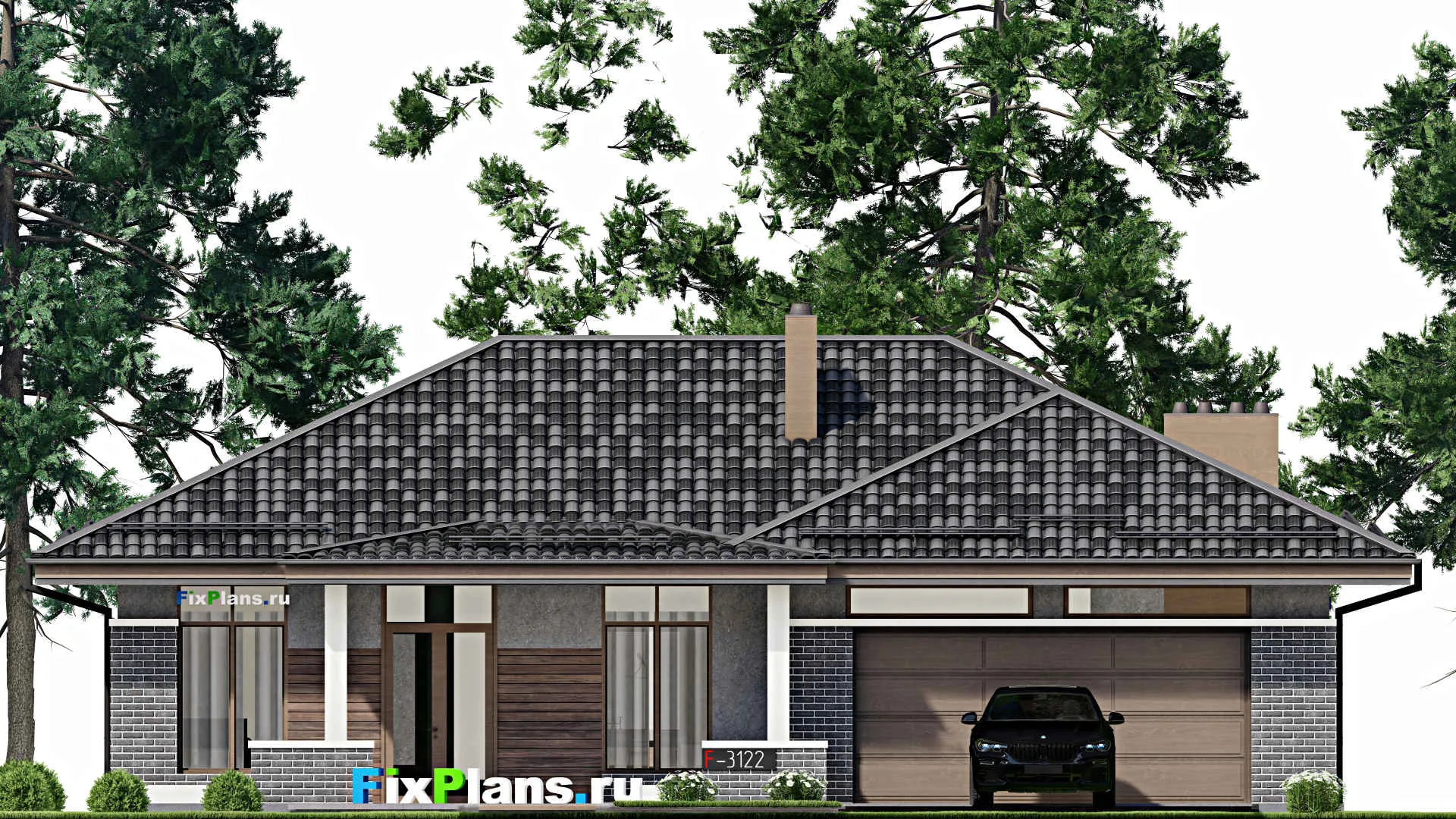 F-3122 - План одноэтажного дома 12 на 17, площадью 330 м² с террасой, цокольным этажом, баней, гаражом на 1 машину и 3 спальнями