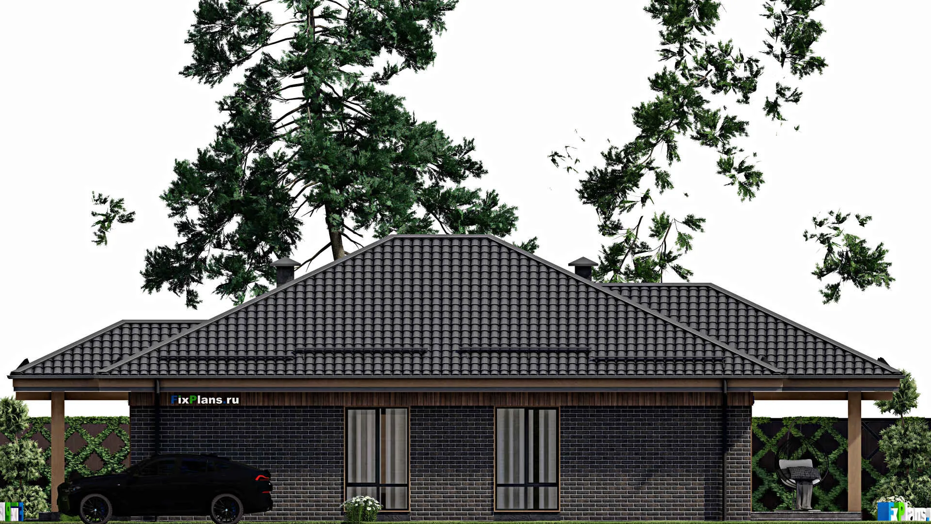 F-5390 - Проект одноэтажного дома 12 на 14, площадью 150 м² с террасой и 3 спальнями