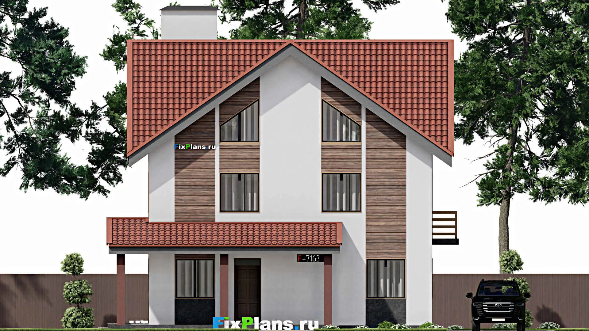 F-7163 - Планы двухэтажного дома с мансардой 12 на 14, площадью 280 м² с террасой, балконом и 4 спальнями