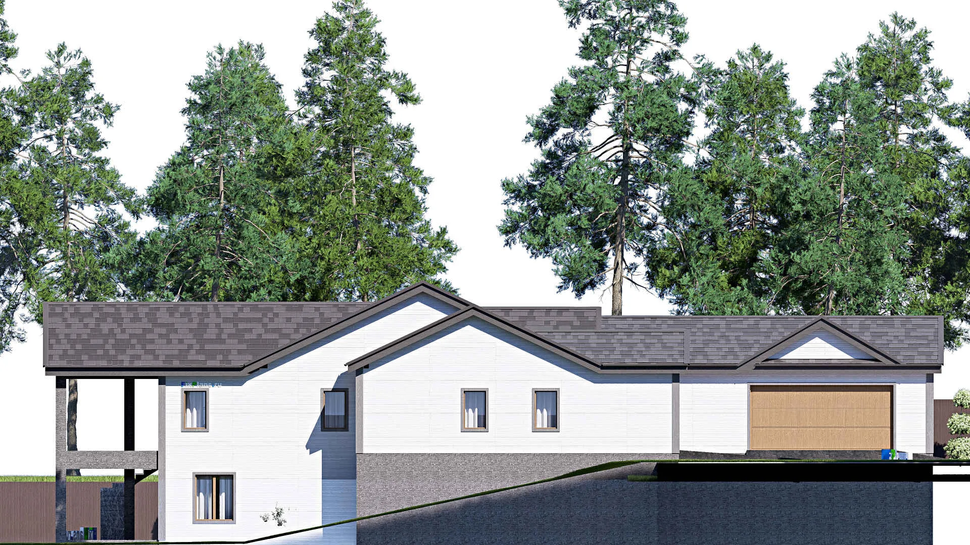 F-17162 - Проект одноэтажного дома 21 на 34, площадью 710 м² с террасой, цокольным этажом, гаражом на 2 машины и 4 спальнями