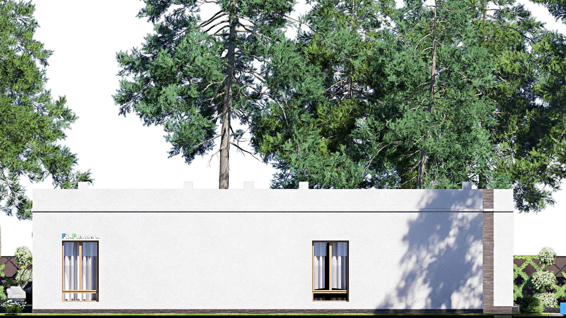 F-19898 - Проект одноэтажного дома 21 на 23, площадью 330 м² с террасой, гаражом на 2 машины и 3 спальнями