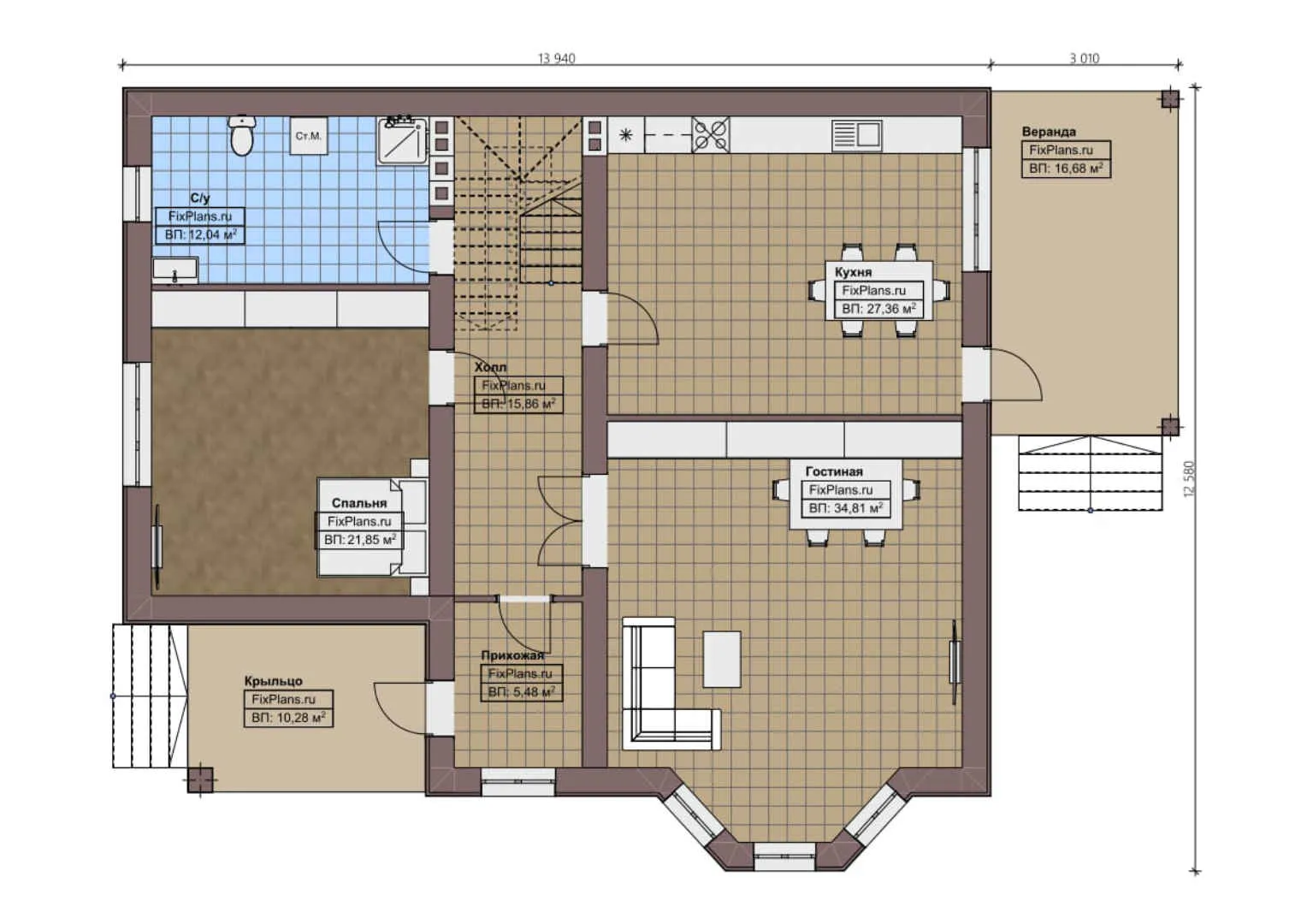 F-1736 - Планы двухэтажного дома 13 на 14, площадью 260 м² с террасой и 5 спальнями