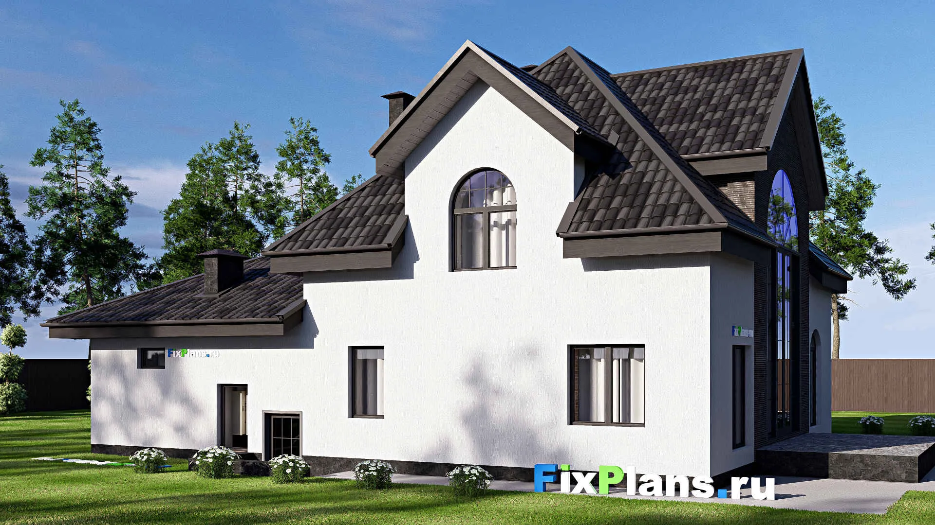 F-19106 - Проект дома с мансардой 14 на 19, площадью 190 м² с террасой, гаражом на 1 машину и 2 спальнями