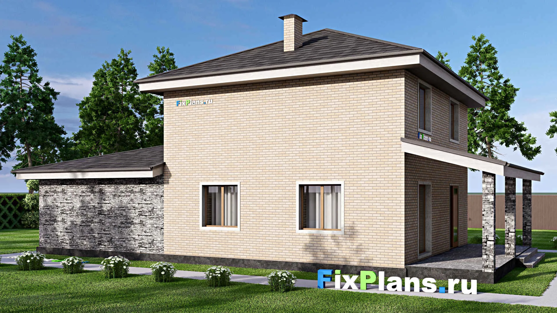 F-13364 - Планы двухэтажного дома 9 на 18, площадью 180 м² с террасой, гаражом на 2 машины и 3 спальнями