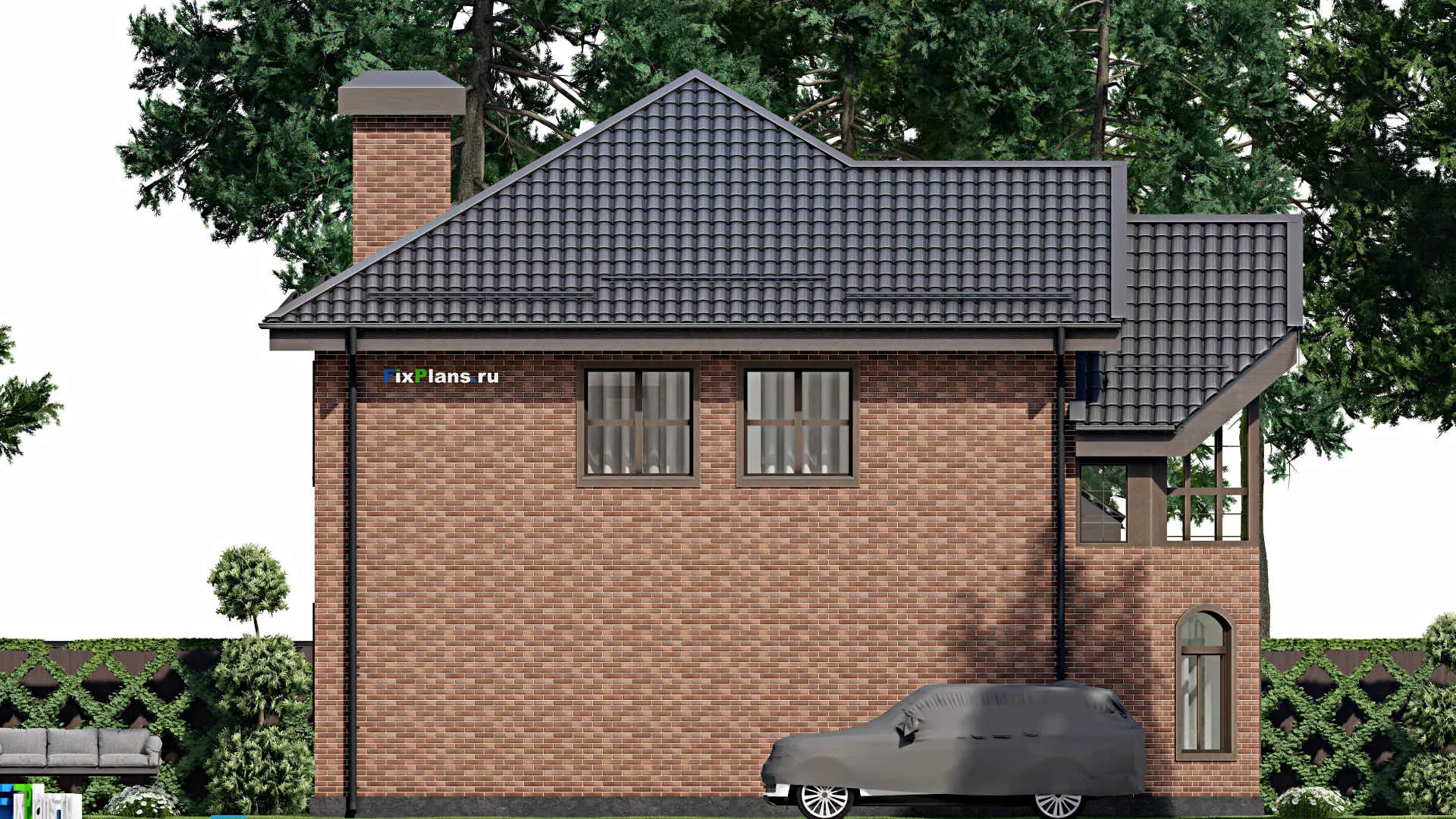 F-3698 - Проект двухэтажного дома 12 на 13, площадью 180 м² с балконом, цокольным этажом и 3 спальнями