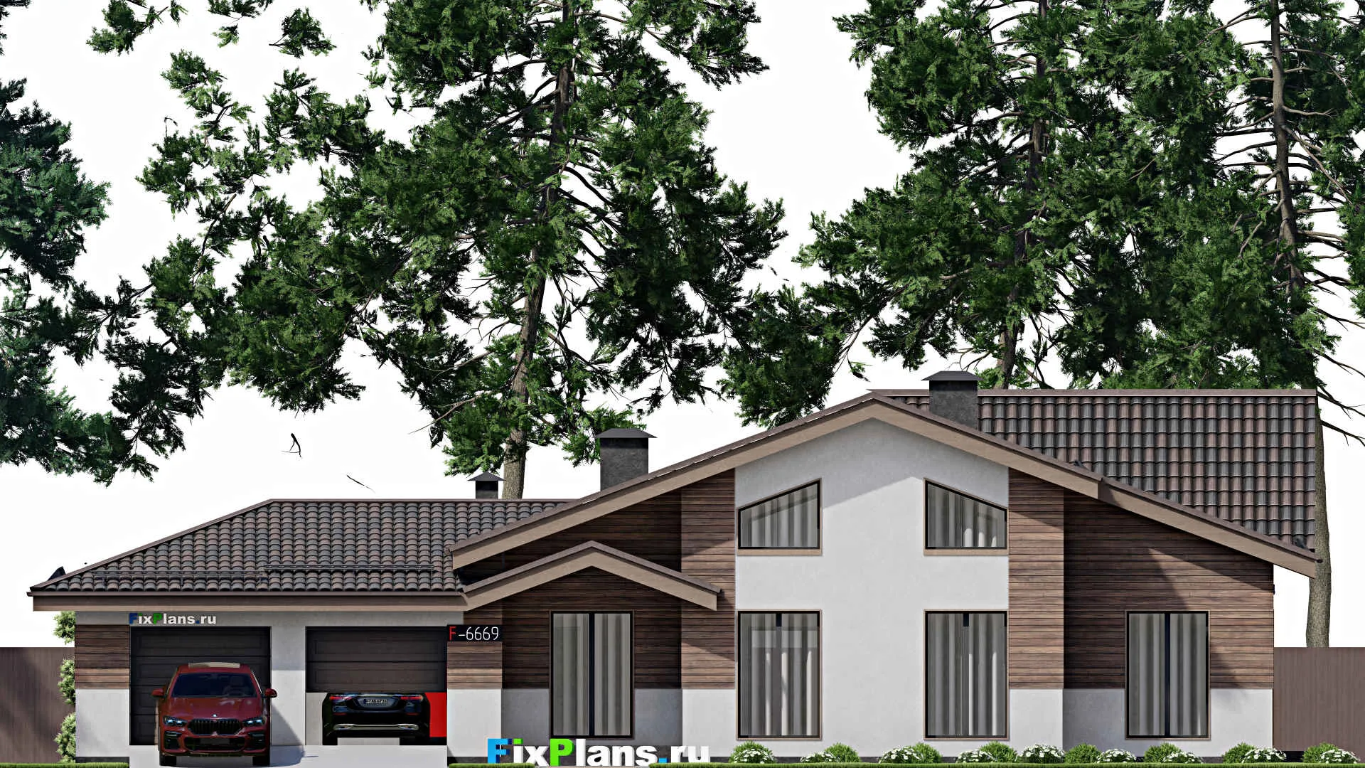 F-6659 - Проект одноэтажного дома 12 на 22, площадью 190 м² с террасой, гаражом на 2 машины и 3 спальнями