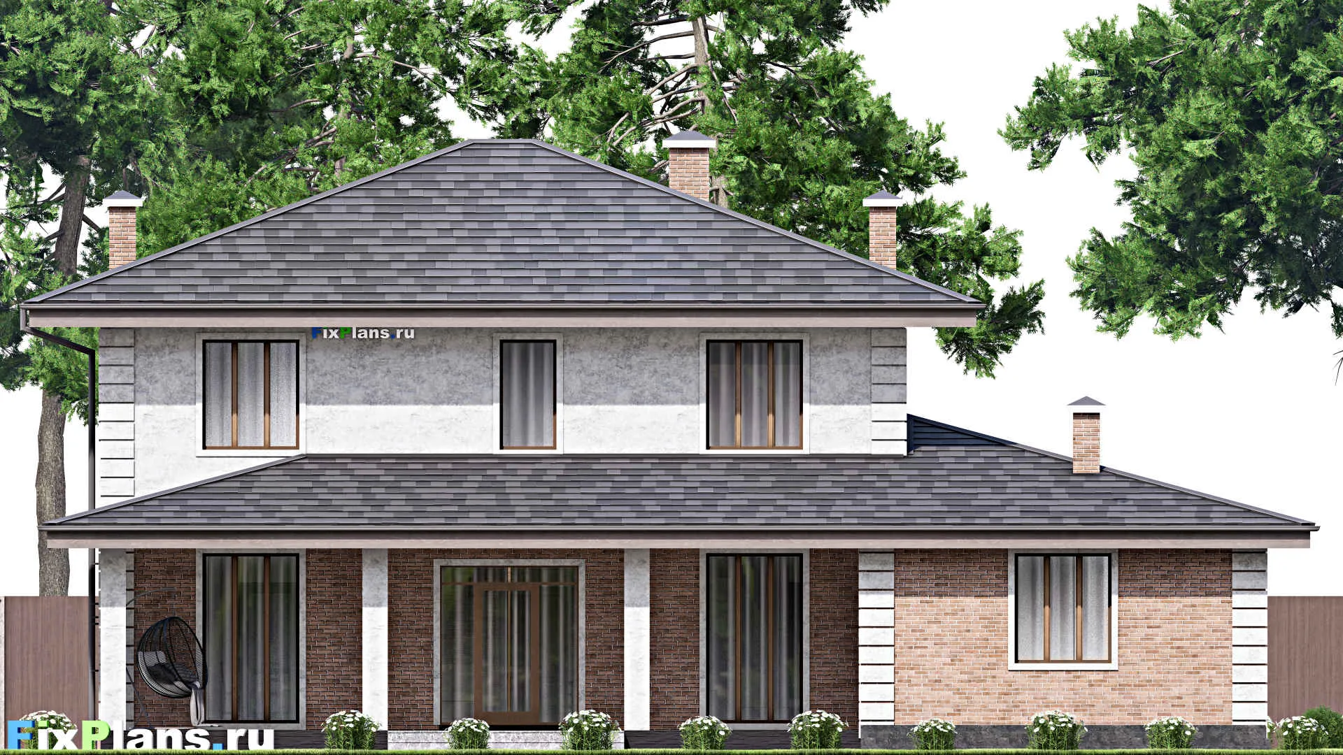 F-14543 - Проект двухэтажного дома 17 на 18, площадью 310 м² с террасой, баней, спортзалом и 6 спальнями