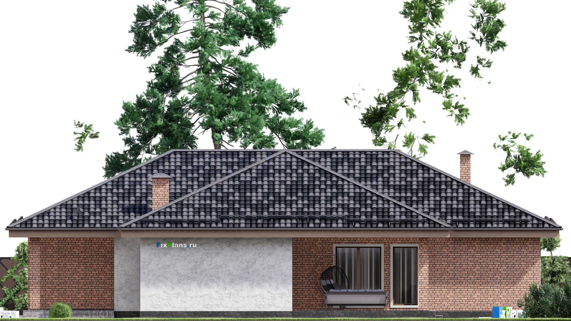 F-13481 - Проект одноэтажного дома 17 на 20, площадью 230 м² с террасой, гаражом на 2 машины и 3 спальнями