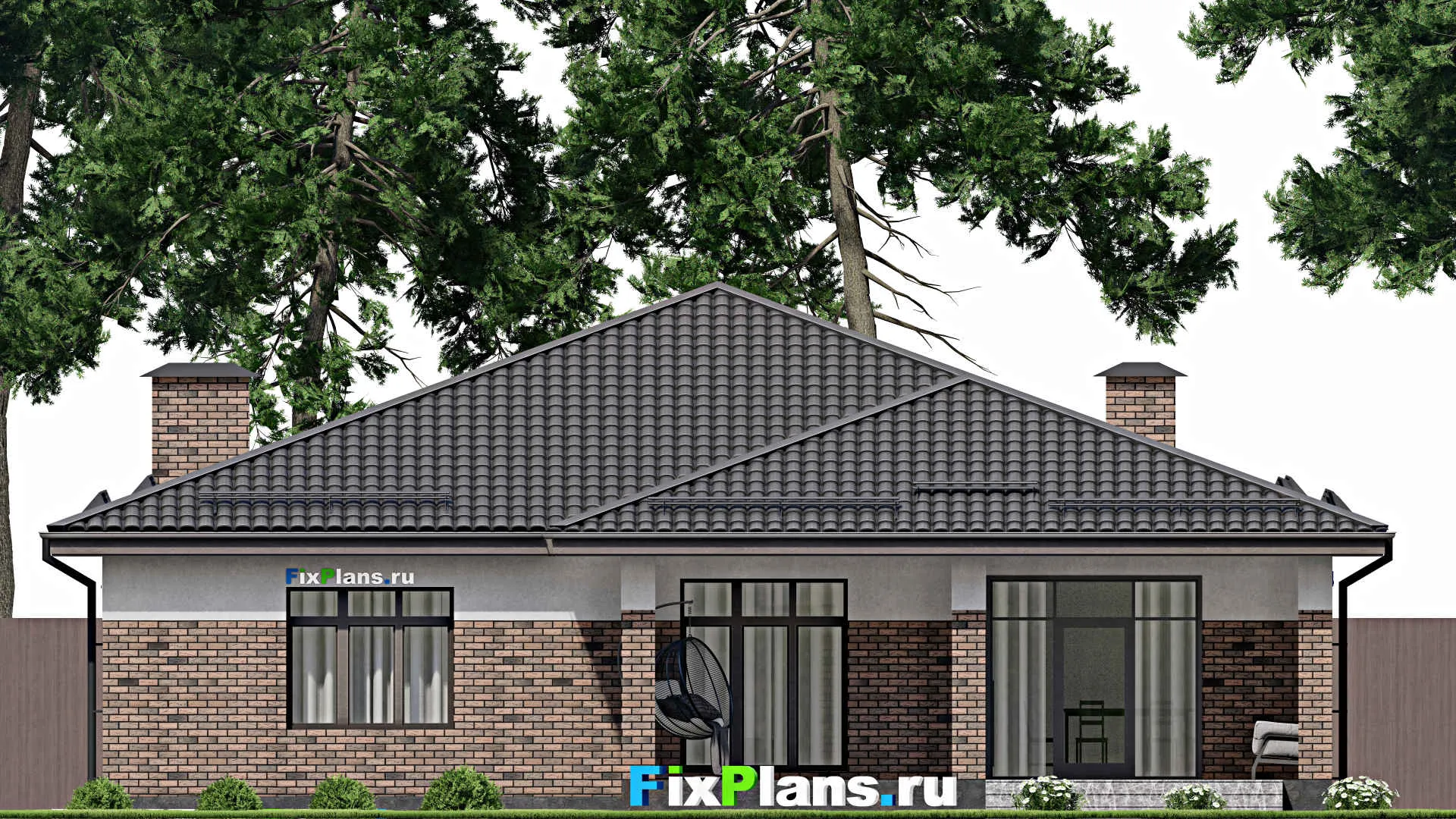 F-4310 - Проект одноэтажного дома 15 на 18, площадью 230 м² с террасой, баней, гаражом на 1 машину и 3 спальнями